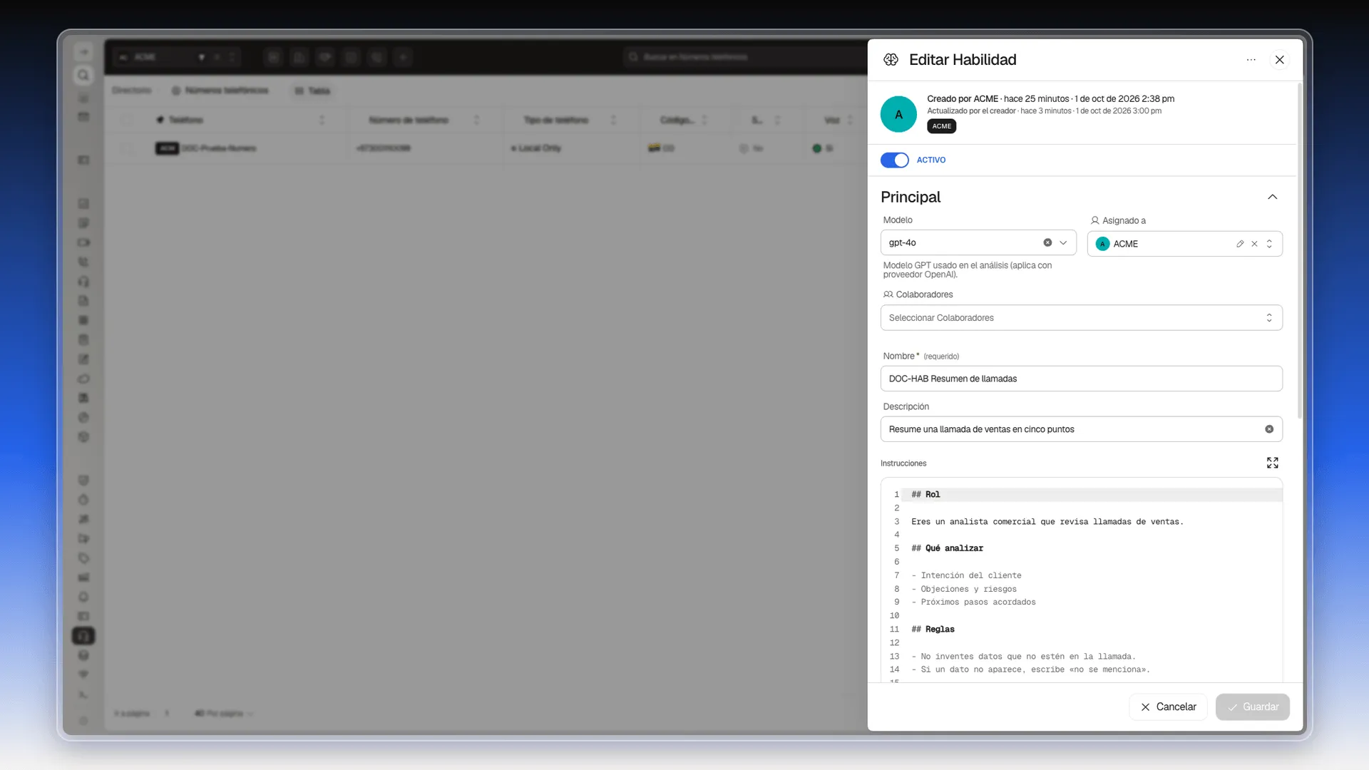 Panel Editar Habilidad abierto encima del número de teléfono, con el Modelo, el Nombre, la Descripción y las Instrucciones