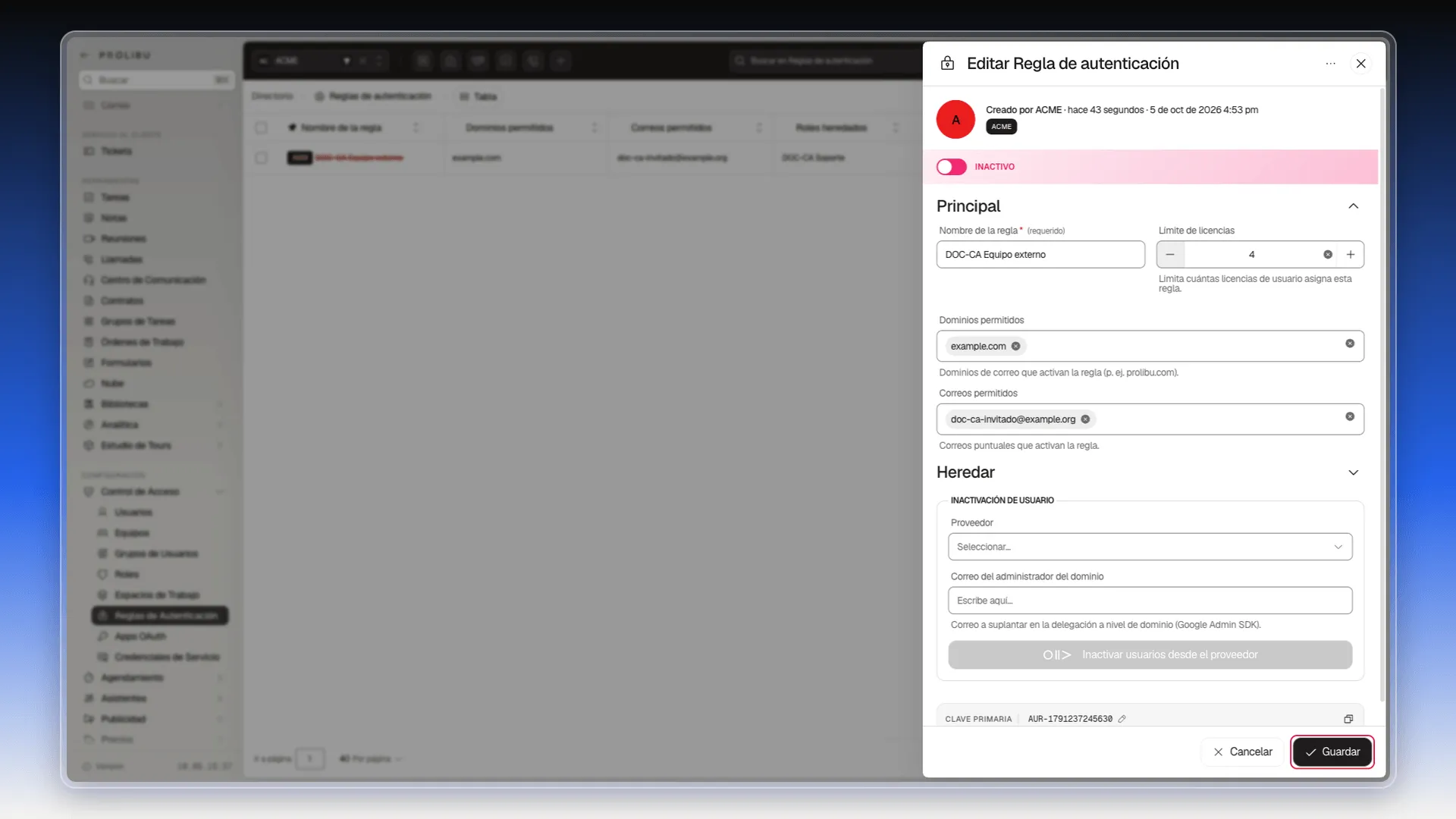 Panel Editar Regla de autenticación con Límite de licencias en 4 y el botón Guardar resaltado