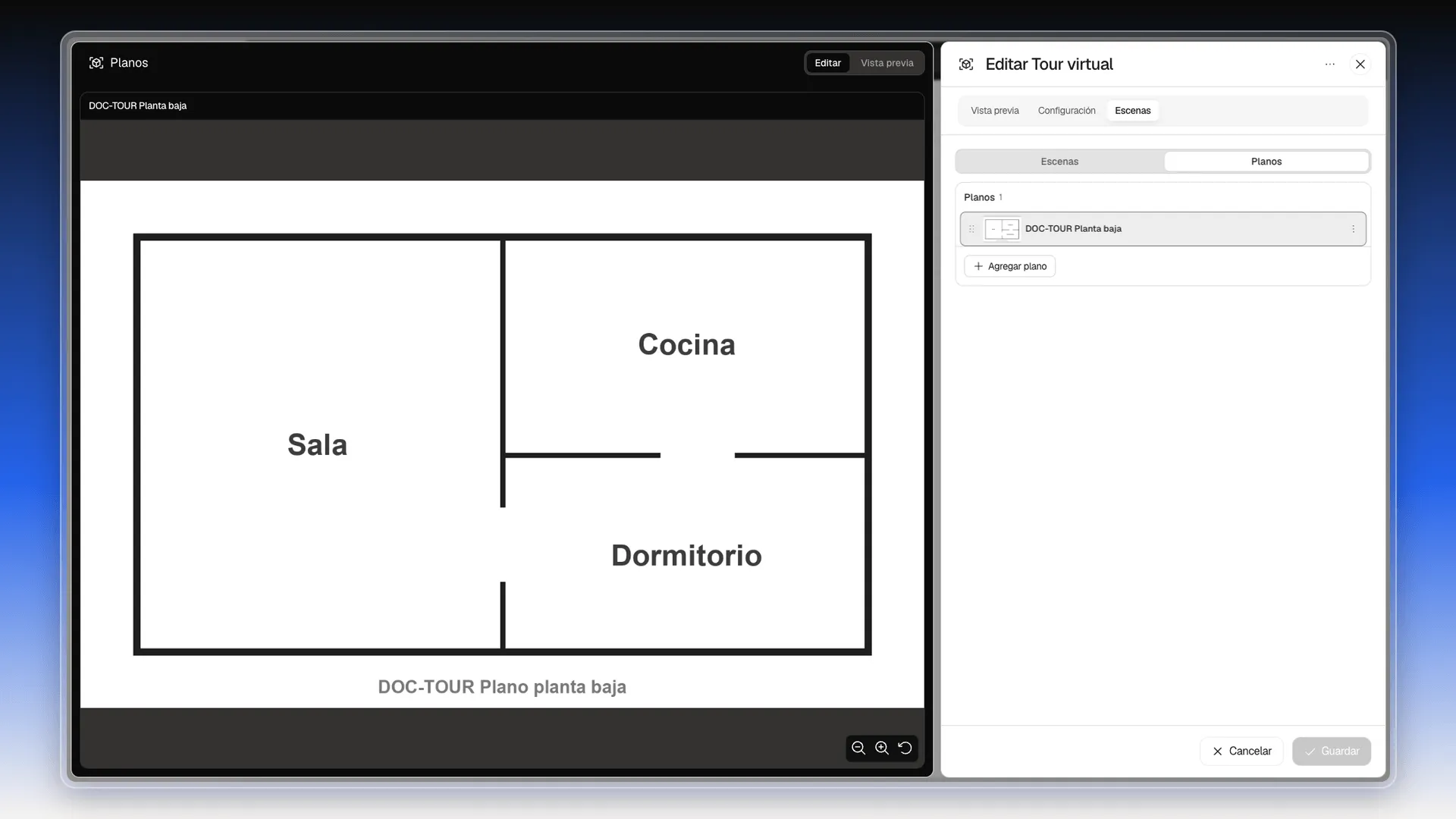 Editor del plano con la imagen DOC-TOUR Planta baja y la lista Planos a la derecha