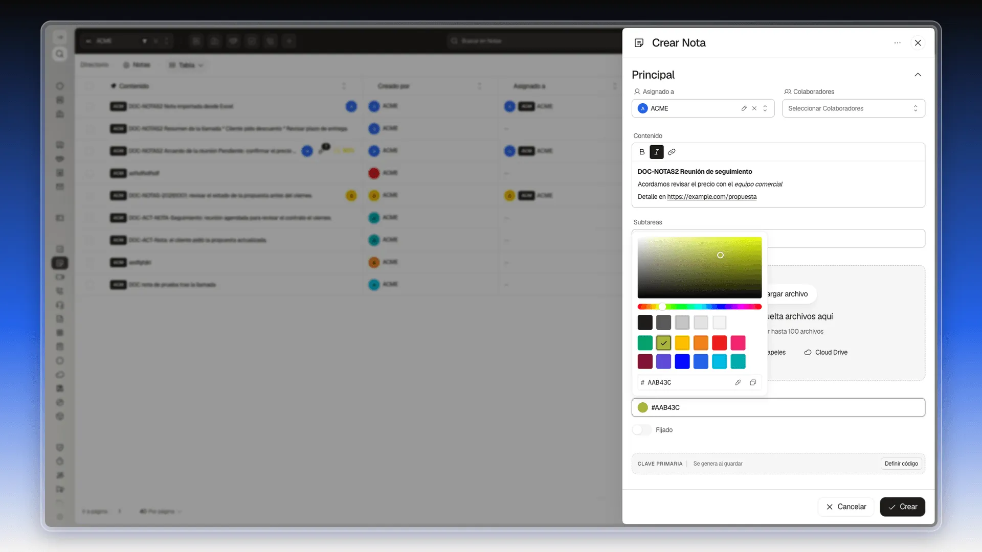 Selector de color con la paleta, la barra de tono y el código hexadecimal