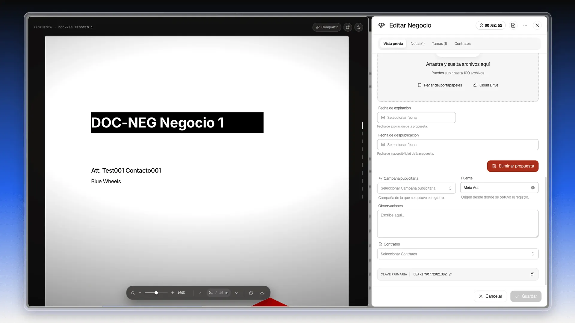 Final del formulario de un negocio con Fecha de expiración, Eliminar propuesta, Campaña publicitaria, Fuente, Observaciones, Contratos y la clave primaria