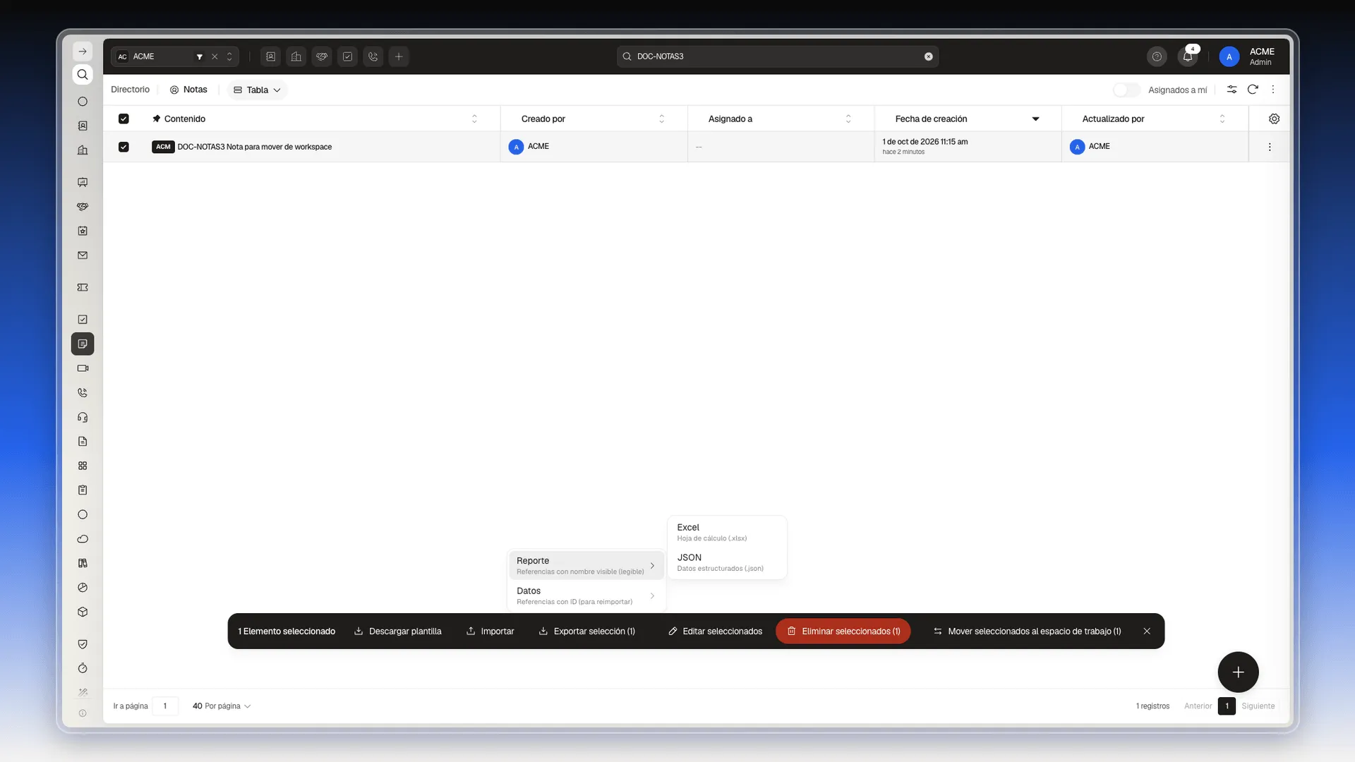 Opciones de formato Excel y JSON dentro de Reporte