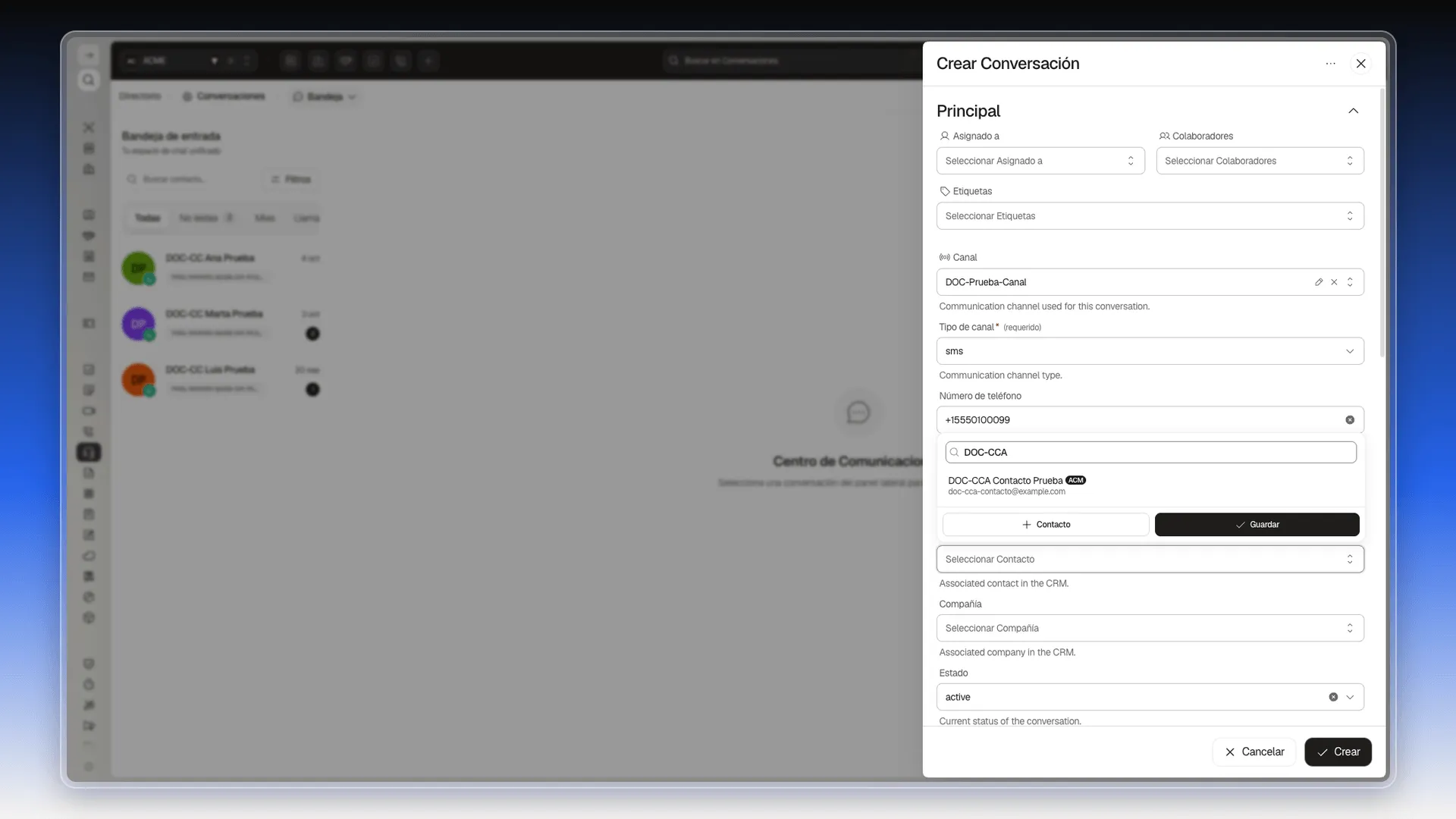 Formulario Crear Conversación con Canal y Tipo de canal rellenos y el selector de Contacto filtrado