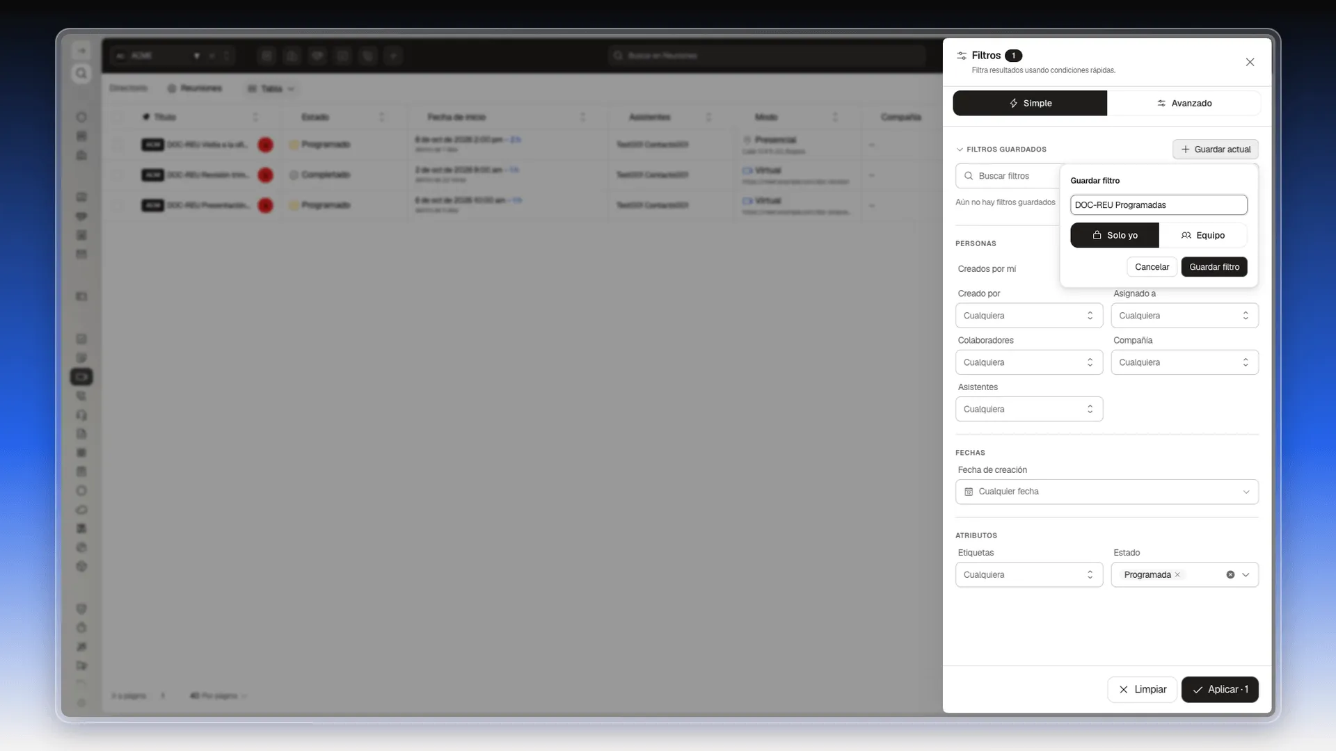 Ventana Guardar filtro con el nombre escrito y las opciones Solo yo y Equipo