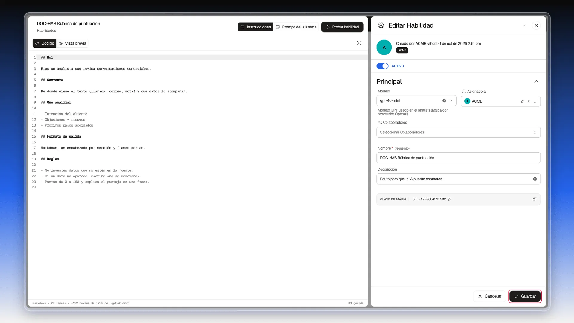 Botón Guardar resaltado en el panel Editar Habilidad, con las instrucciones ya escritas