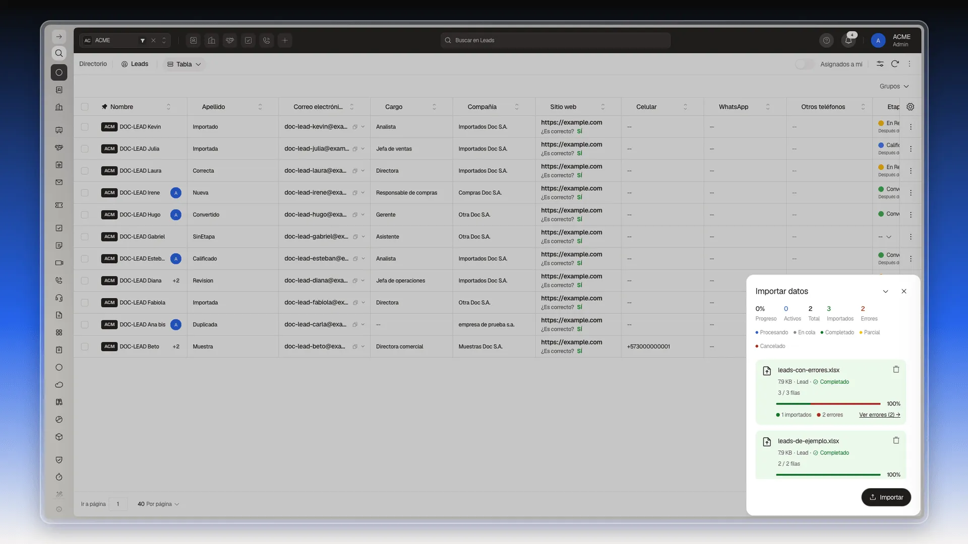 Panel Importar datos con dos archivos: uno con 1 importado y 2 errores y otro con 2 importados