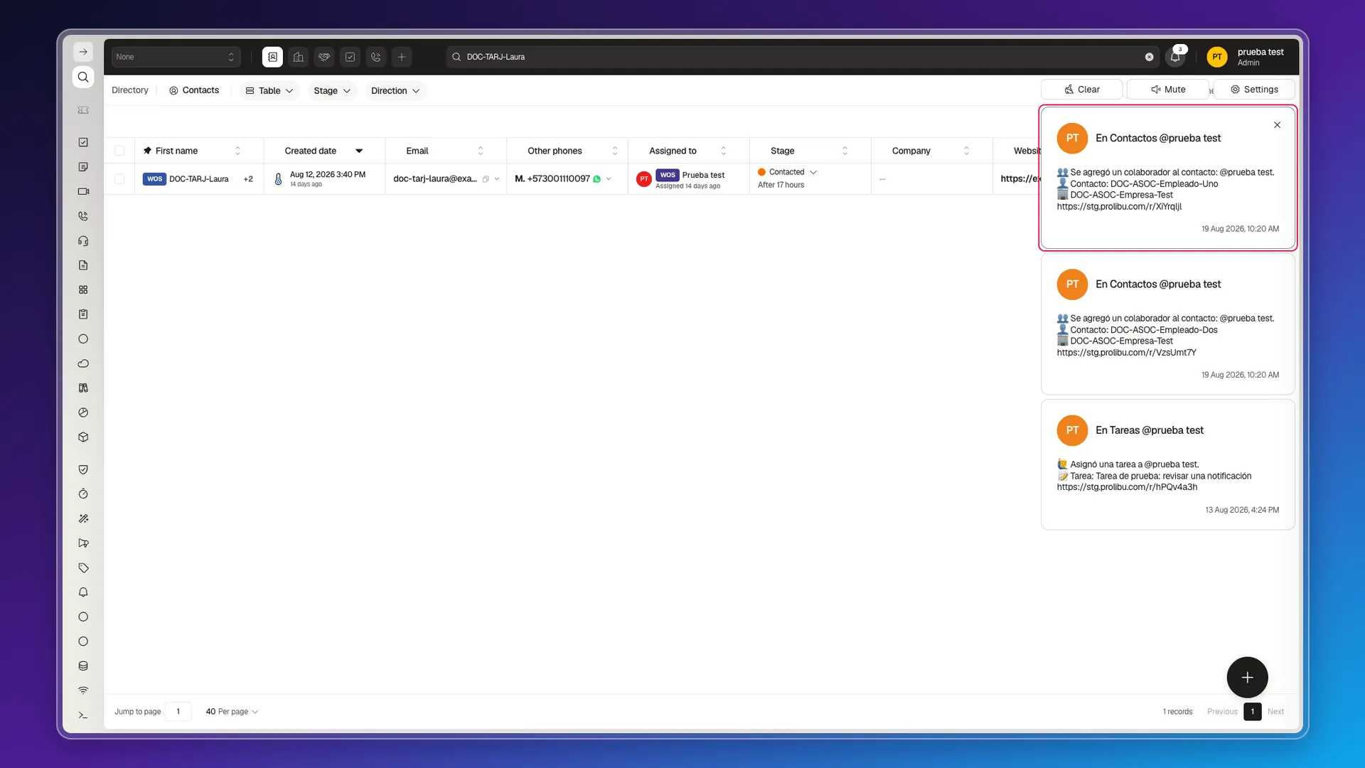 Open notification inbox with a notification and its actions