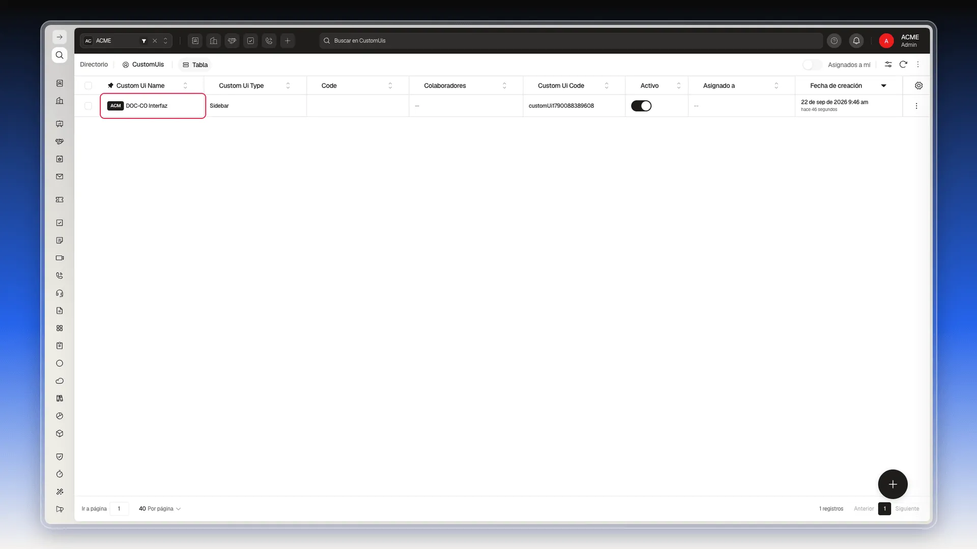 Tabla CustomUis con la fila DOC-CO Interfaz resaltada, de tipo Sidebar y con Activo encendido