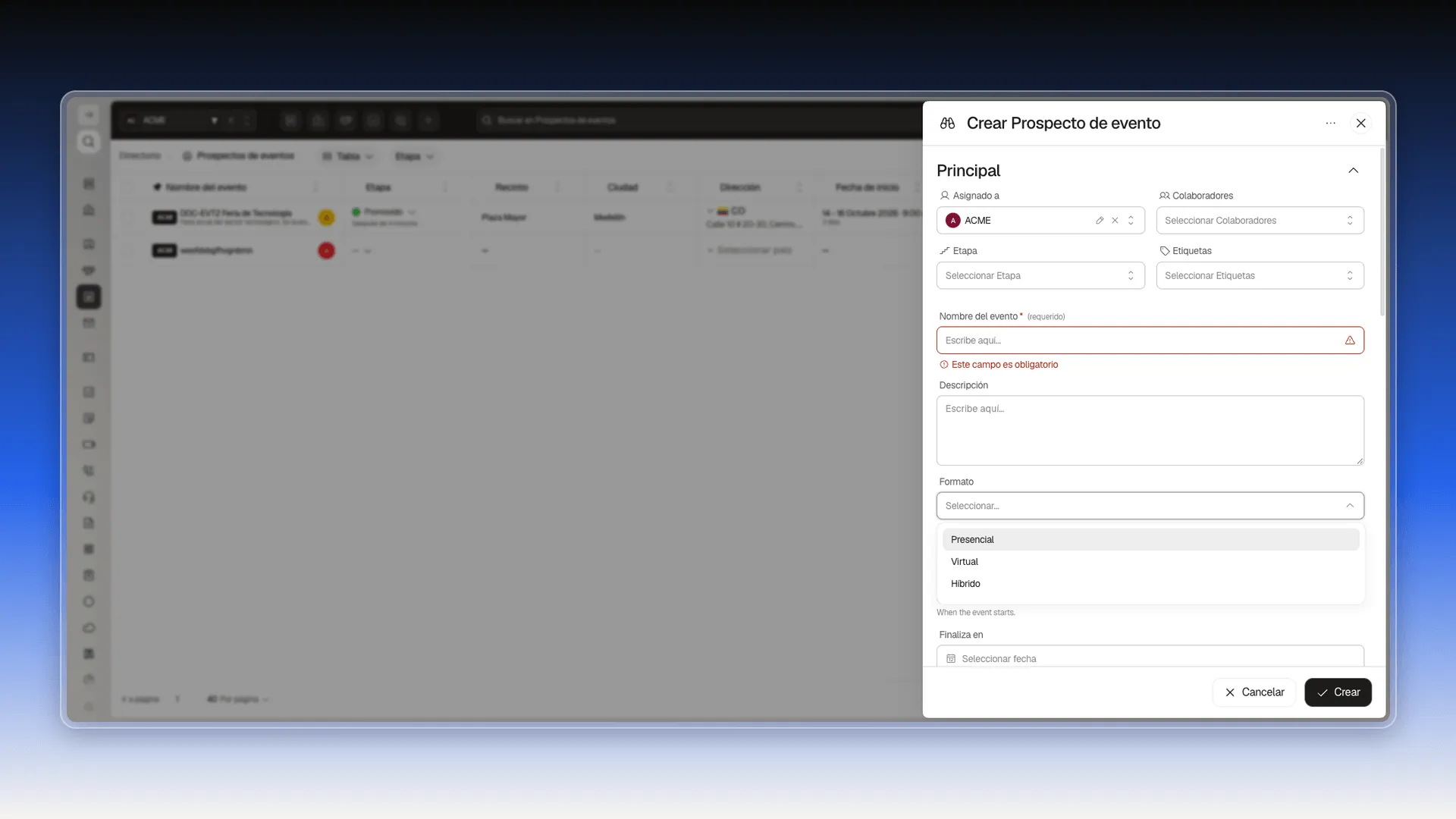 Lista del campo Formato con Presencial, Virtual e Híbrido