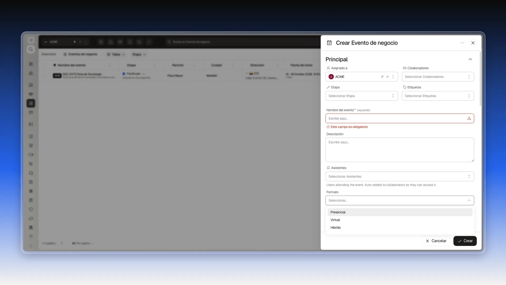 Lista del campo Formato con Presencial, Virtual e Híbrido