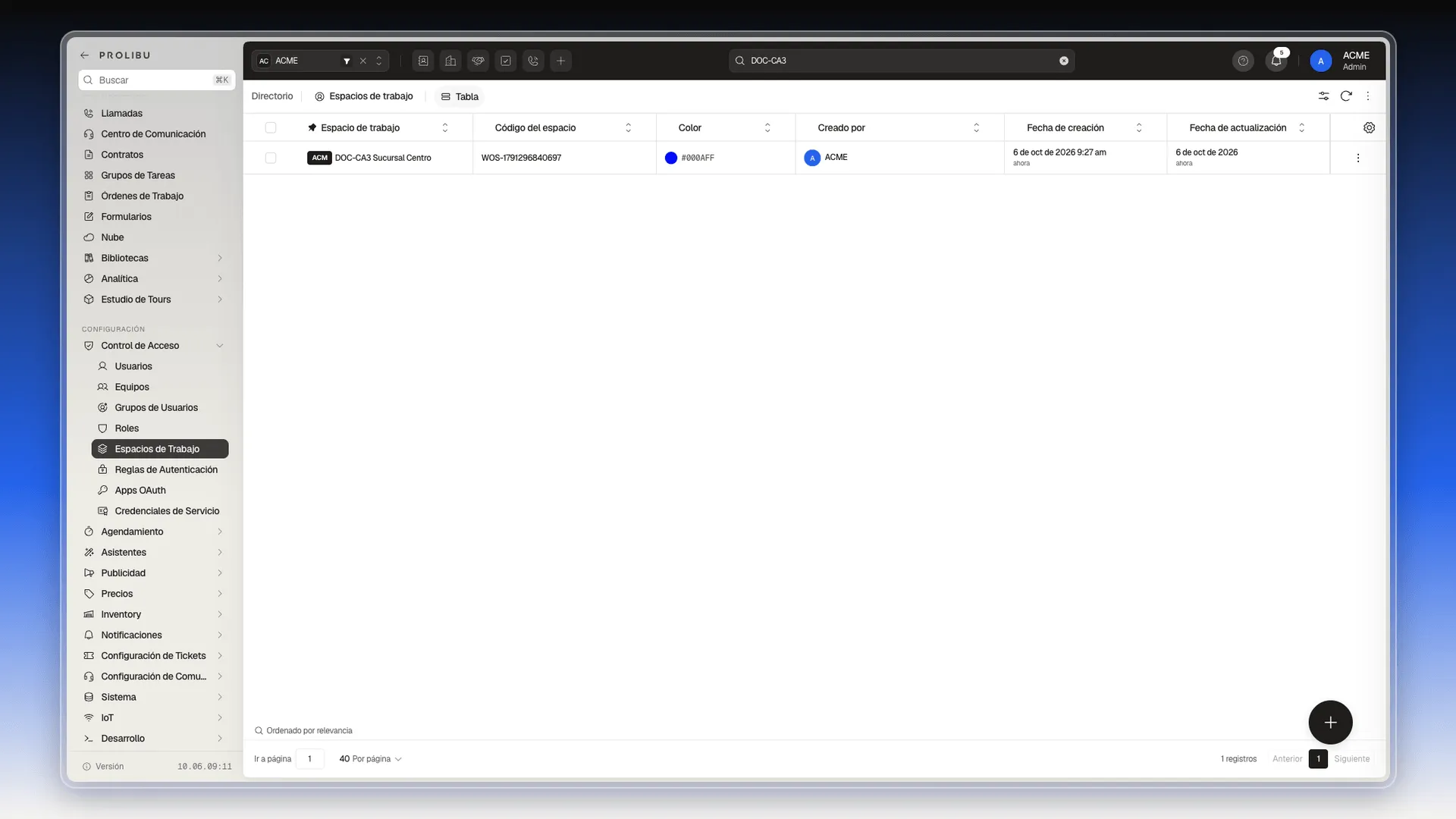 Lista de Espacios de trabajo filtrada por DOC-CA3, con el menú Control de Acceso desplegado y una fila con nombre, código, color, creador y fechas