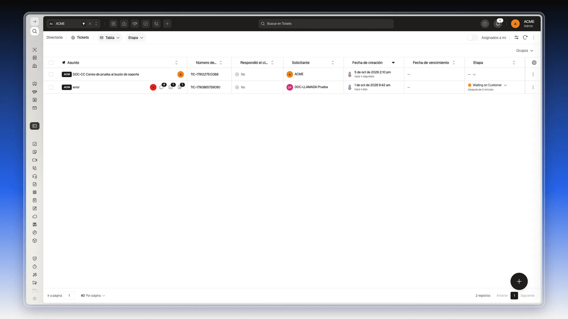Lista de Tickets con las columnas Asunto, Número de ticket, Solicitante, Fecha de creación y Etapa
