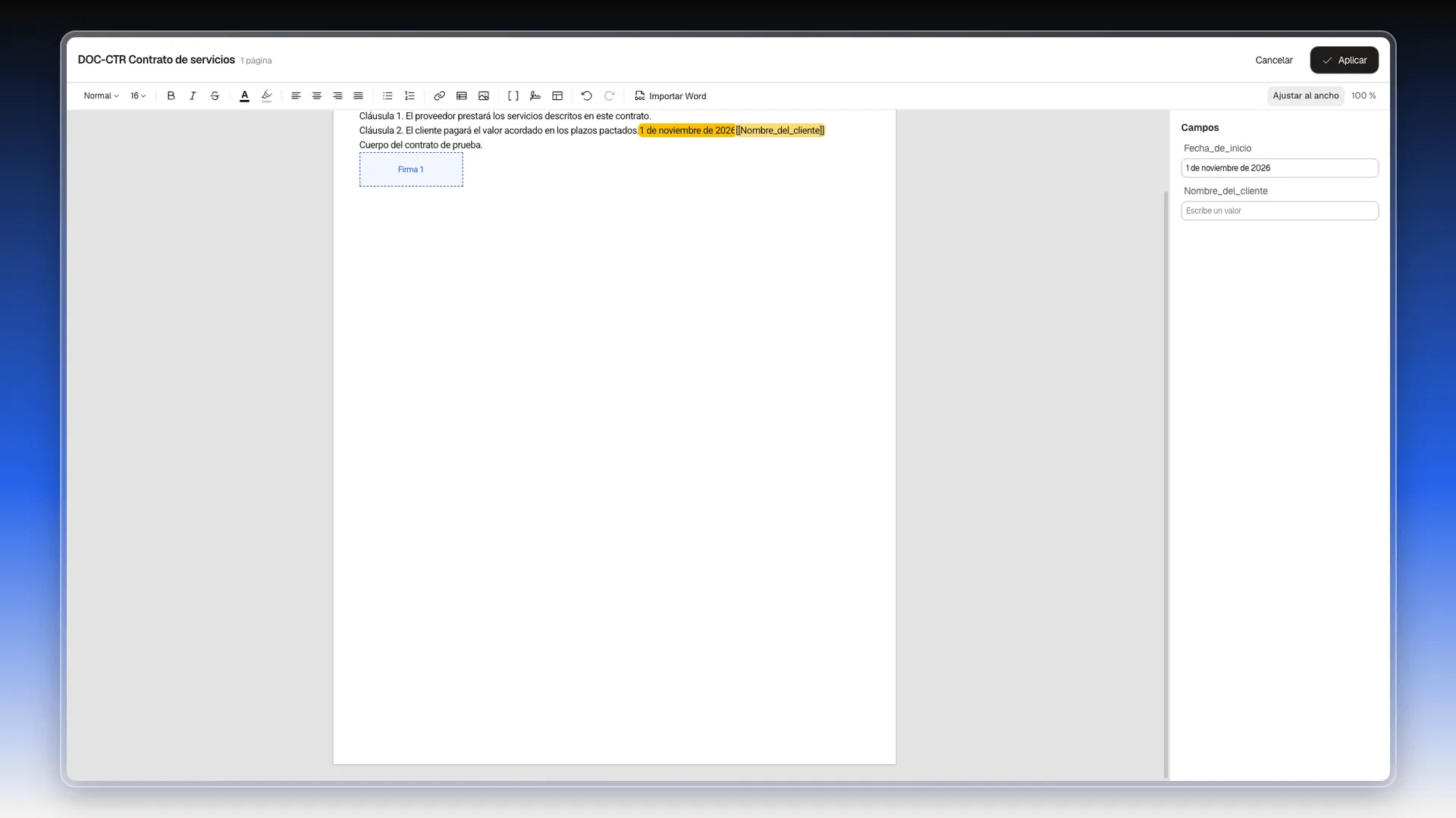 Editor con una caja Firma 1 debajo del texto del contrato