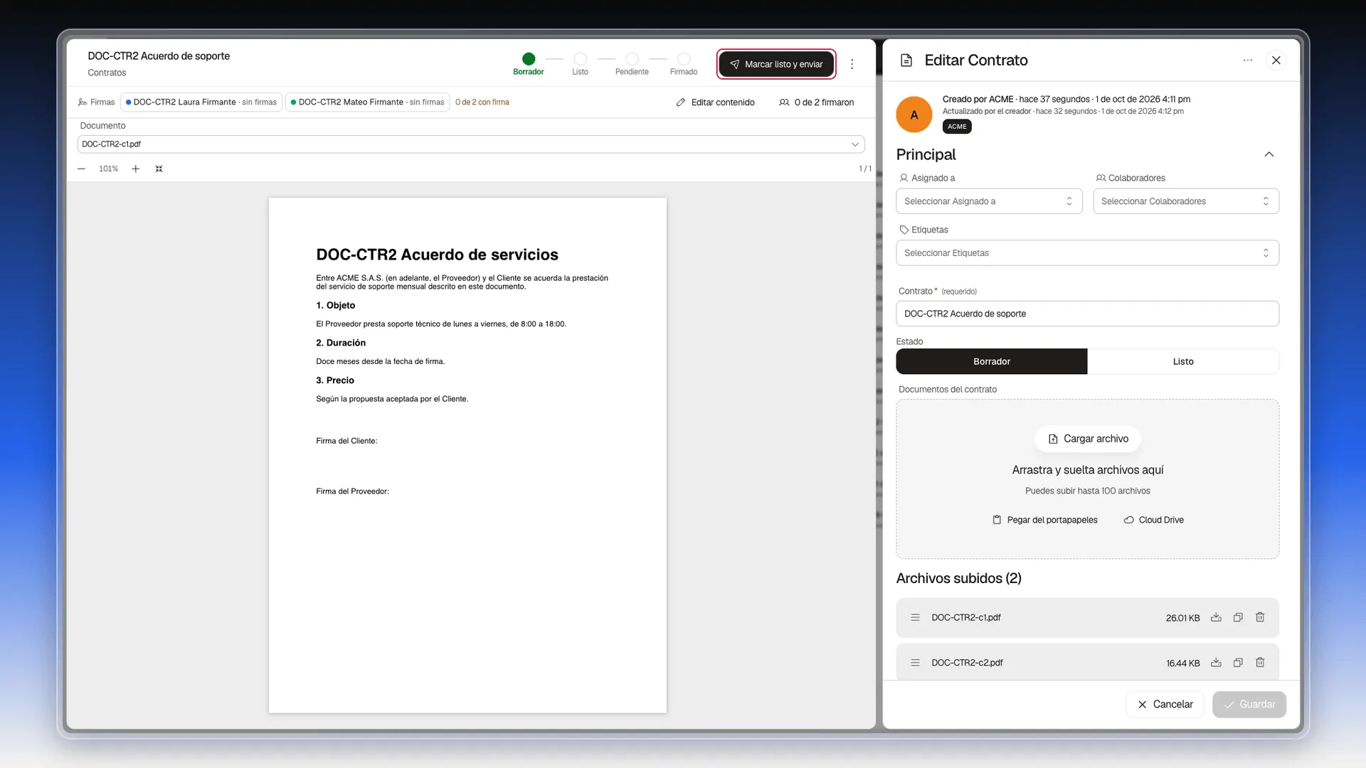 Ficha de un contrato en Borrador con dos firmantes y sus firmas ubicadas, y el botón Marcar listo y enviar resaltado