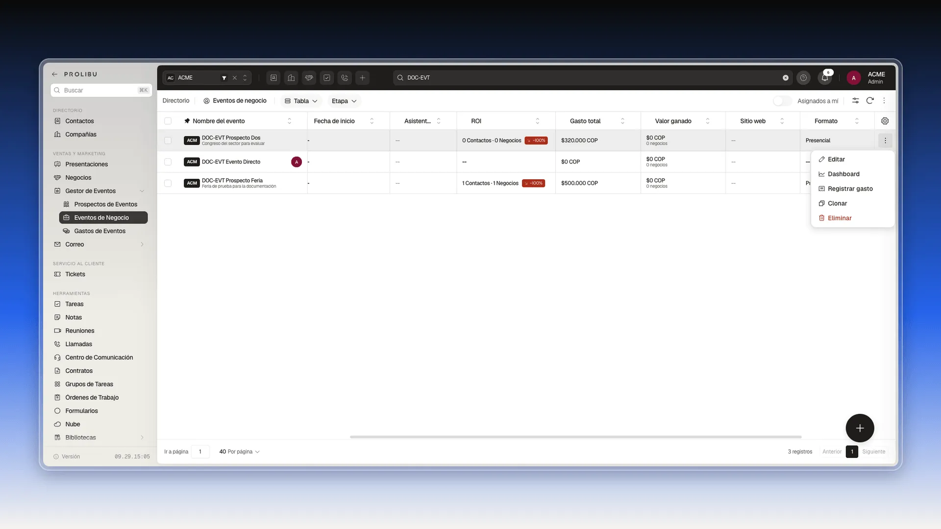 Menú de tres puntos de una fila de Eventos de negocio con las opciones Editar, Dashboard, Registrar gasto, Clonar y Eliminar