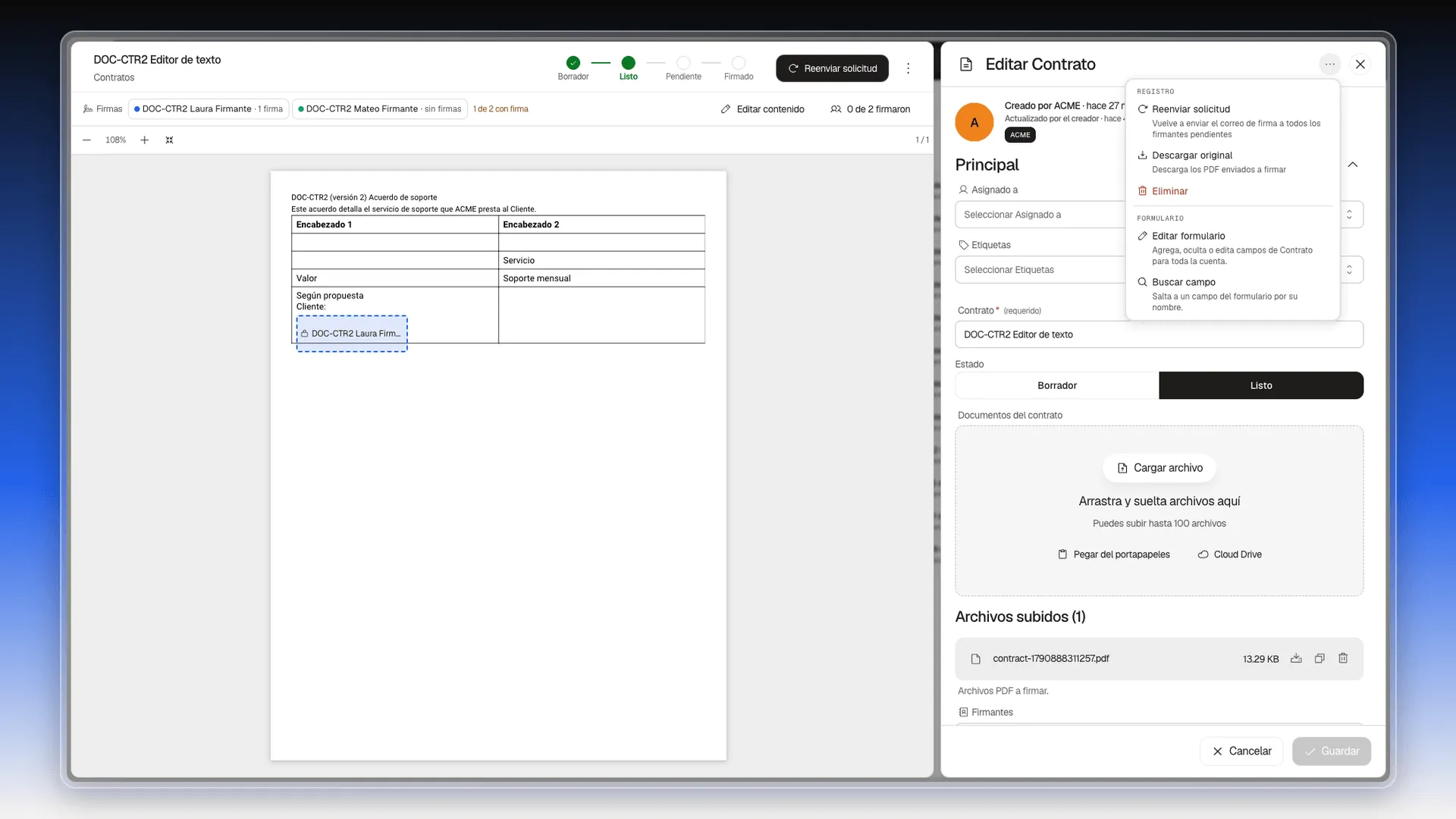 Menú de tres puntos del formulario Editar Contrato, con Reenviar solicitud, Descargar original, Eliminar, Editar formulario y Buscar campo