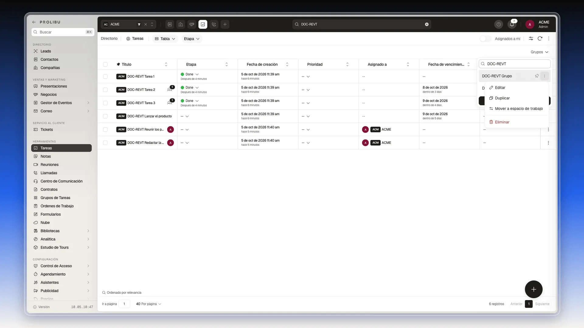 Menú de tres puntos de un grupo con Editar, Duplicar, Mover a espacio de trabajo y Eliminar