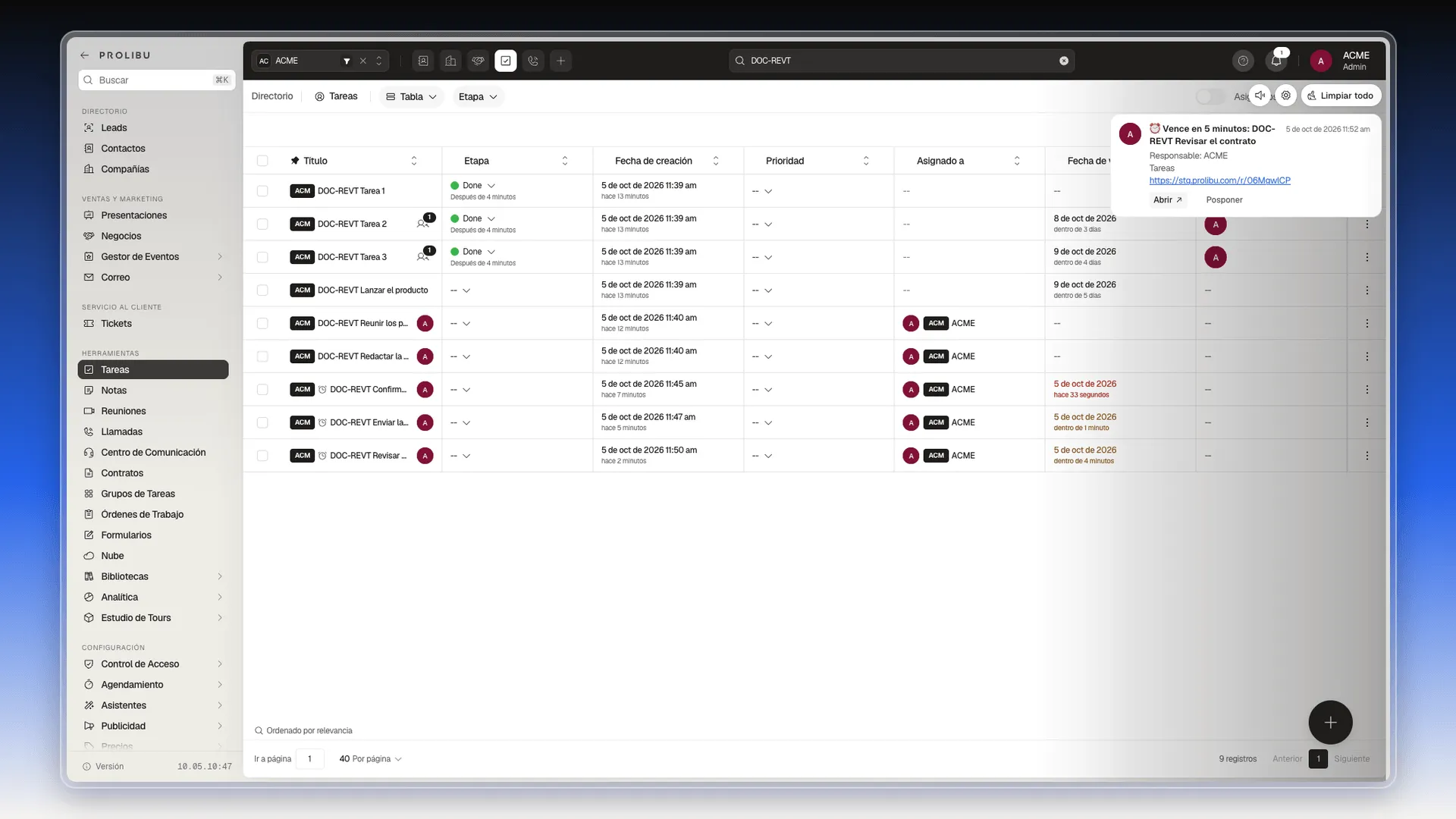 Notificación de recordatorio en el panel de la campana
