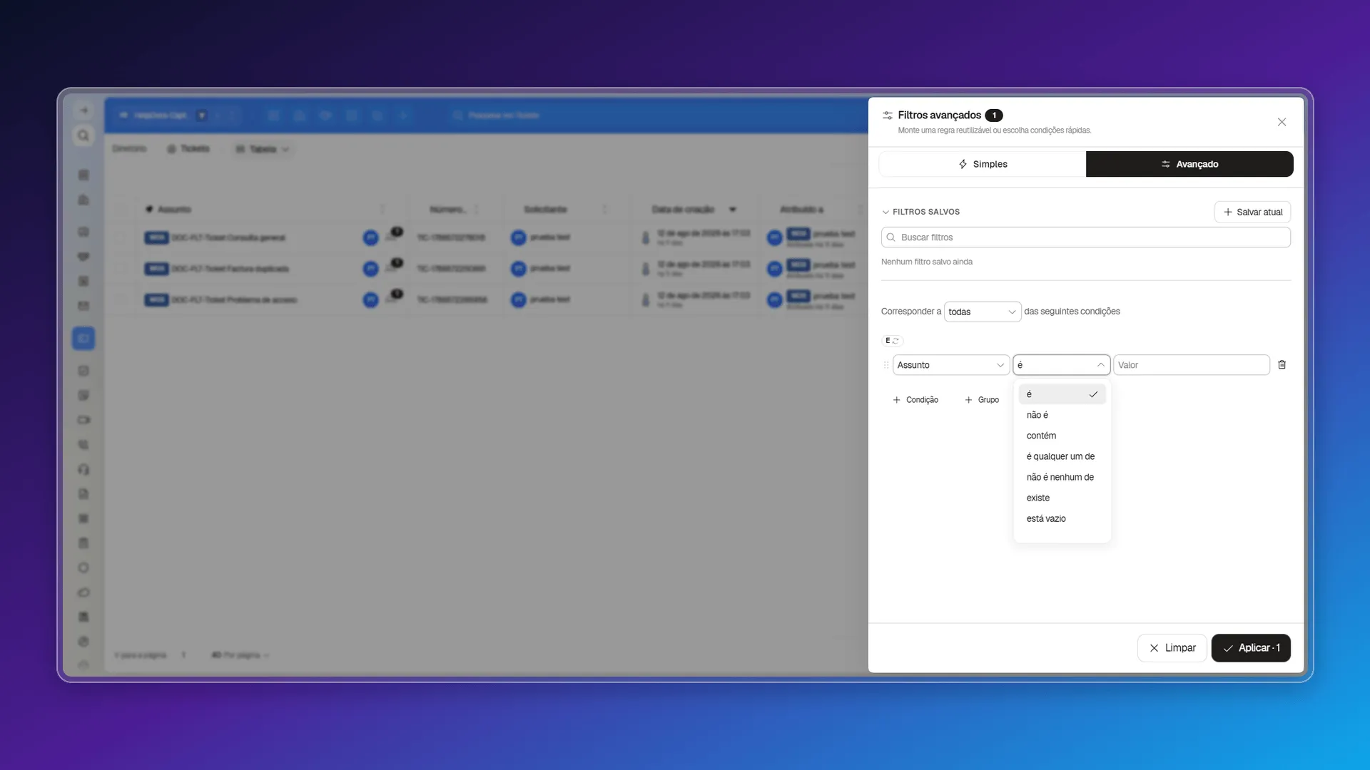 Operadores disponíveis para um filtro de texto por assunto