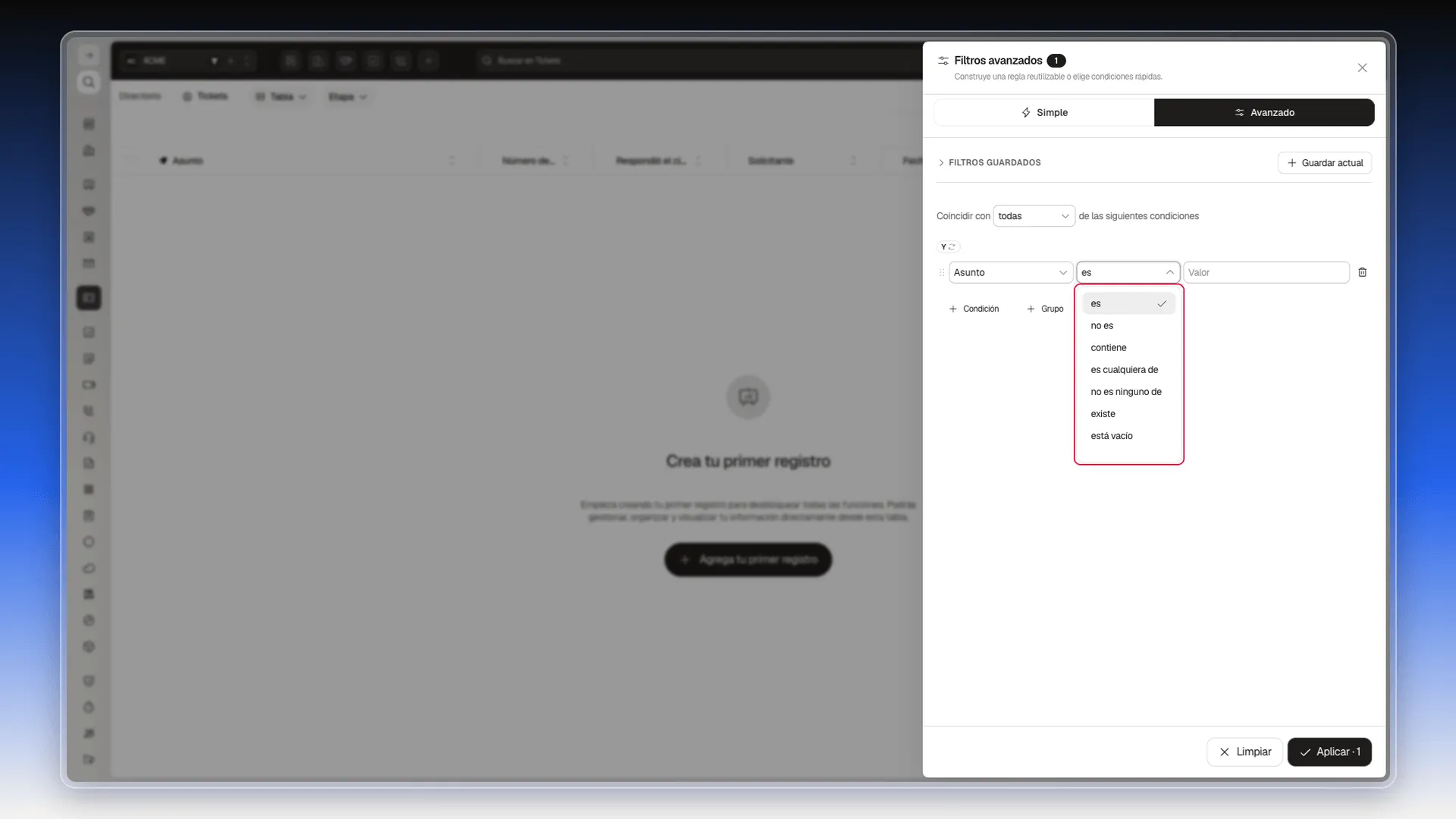 Operadores disponibles para un filtro de texto por asunto