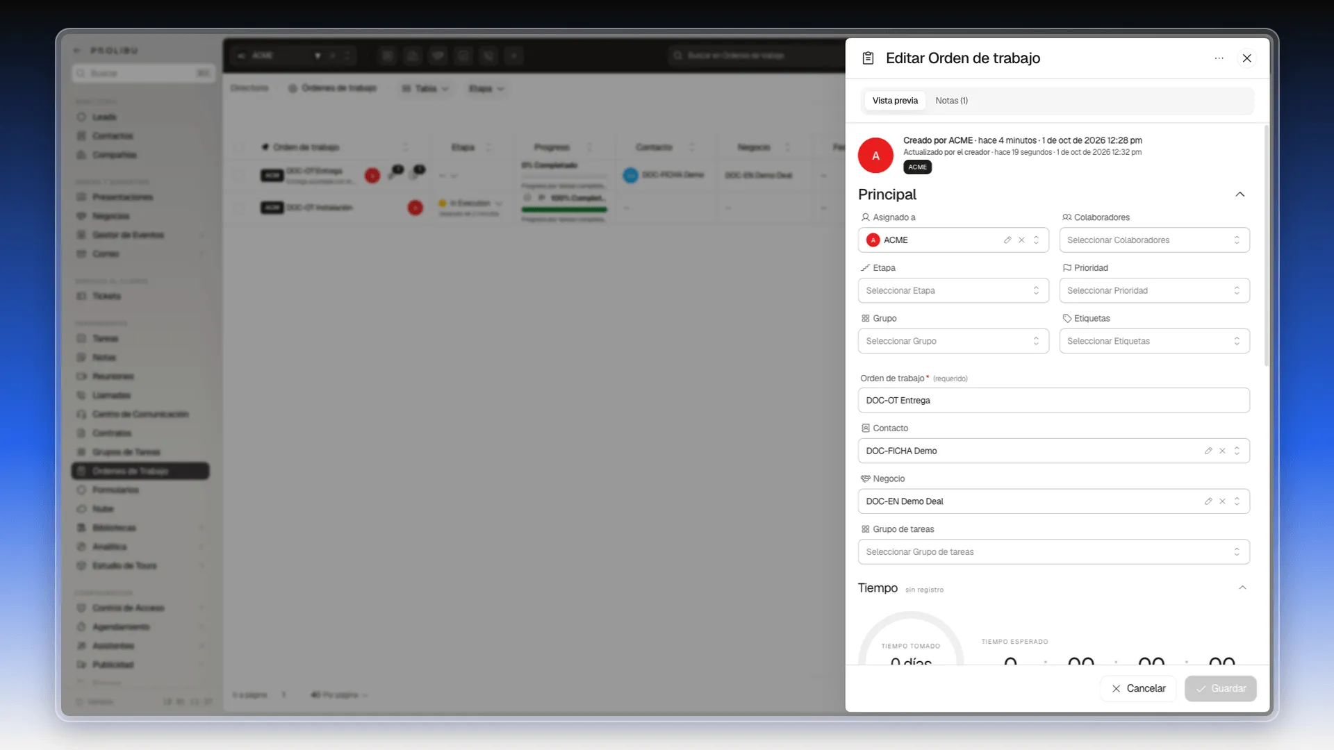 Formulario de la orden con el contacto y el negocio elegidos