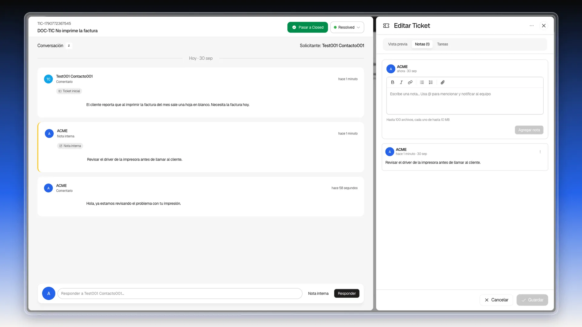 Pestaña Notas del panel Editar Ticket con el recuadro para escribir y una nota ya guardada