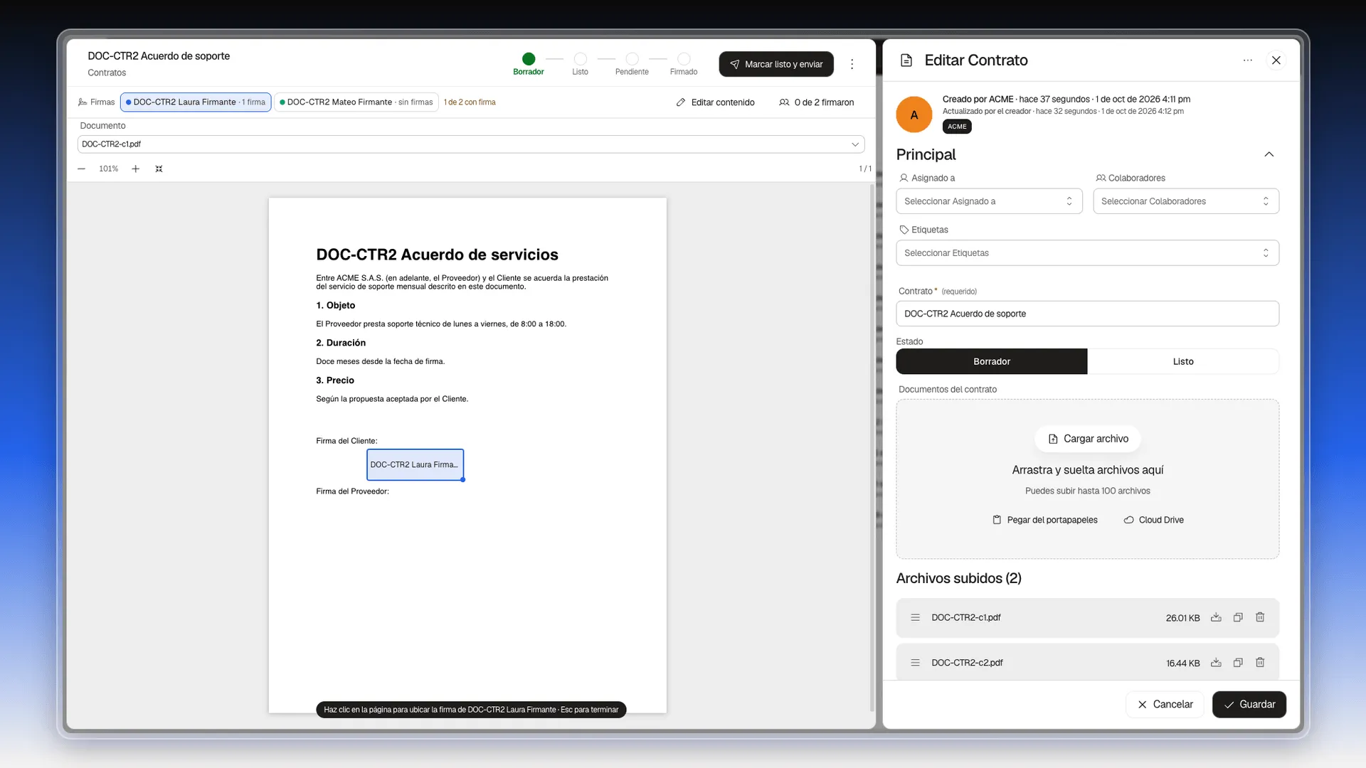Barra Firmas con la primera firmante seleccionada, su caja colocada bajo Firma del Cliente y la ayuda Haz clic en la página para ubicar la firma, Esc para terminar