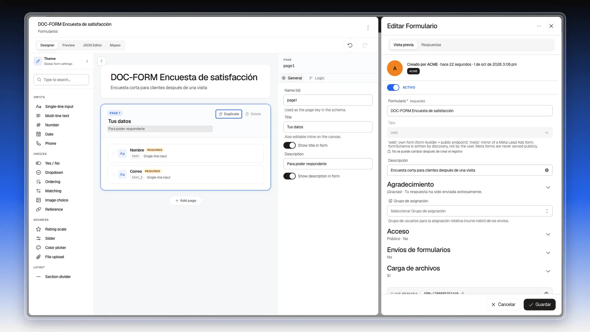 Página 1 Tus datos con su descripción y los campos Nombre y Correo