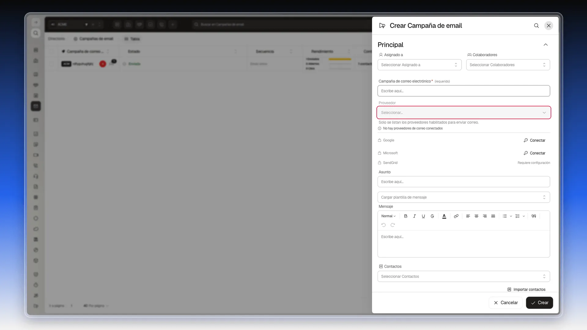Panel Crear Campaña de email con el campo Proveedor resaltado, sin opciones, y el aviso No hay proveedores de correo conectados con Google, Microsoft y SendGrid debajo