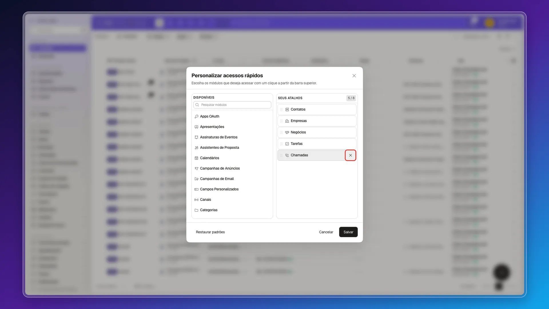 Janela Personalizar acessos rápidos com o controle Remover de um atalho selecionado