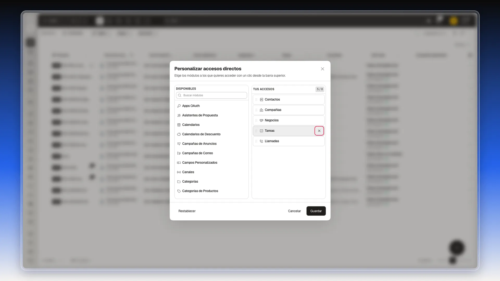 Ventana Personalizar accesos directos con los accesos seleccionados y su control para quitarlos
