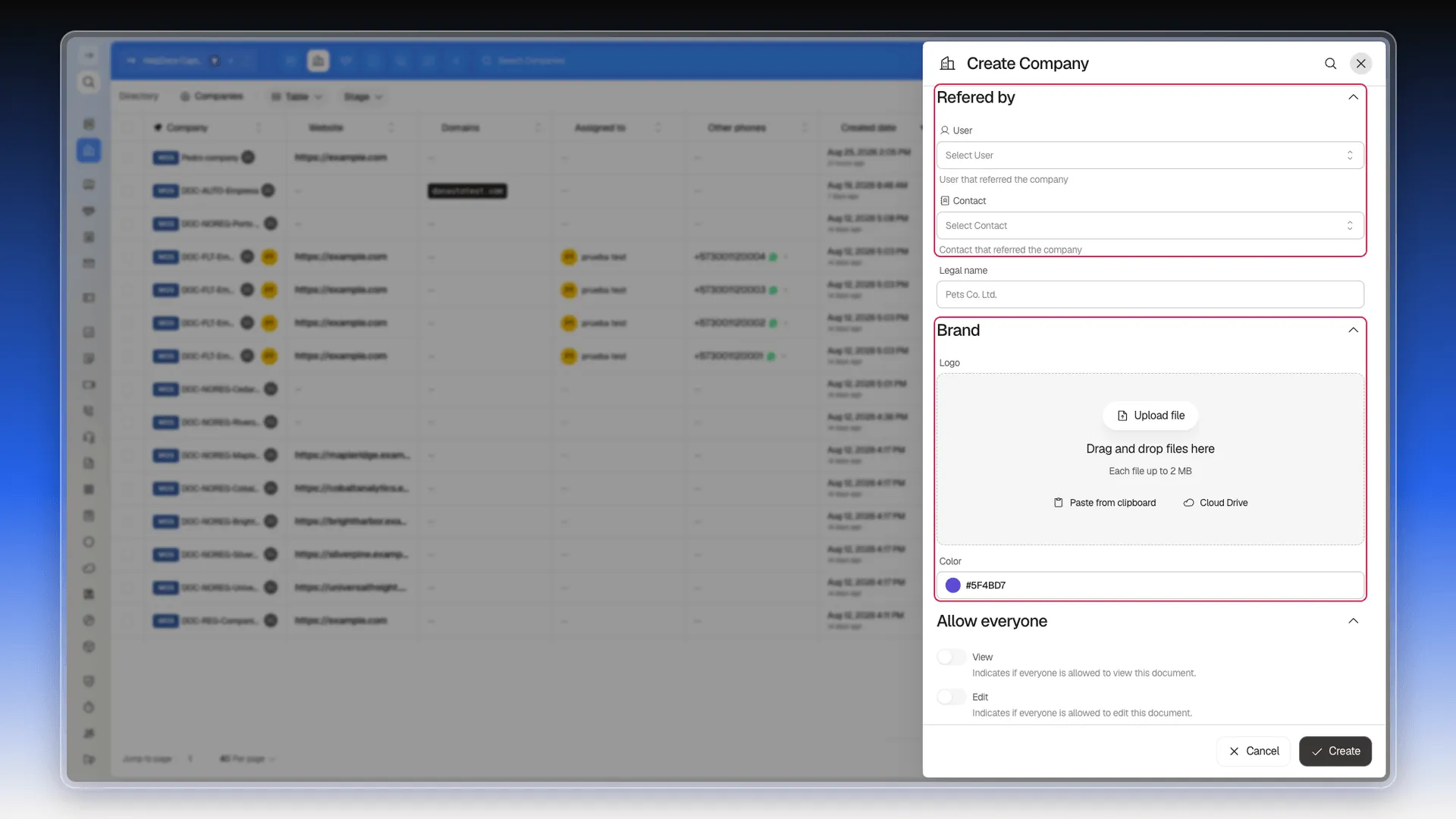 Refered by and Brand sections of the Create Company form