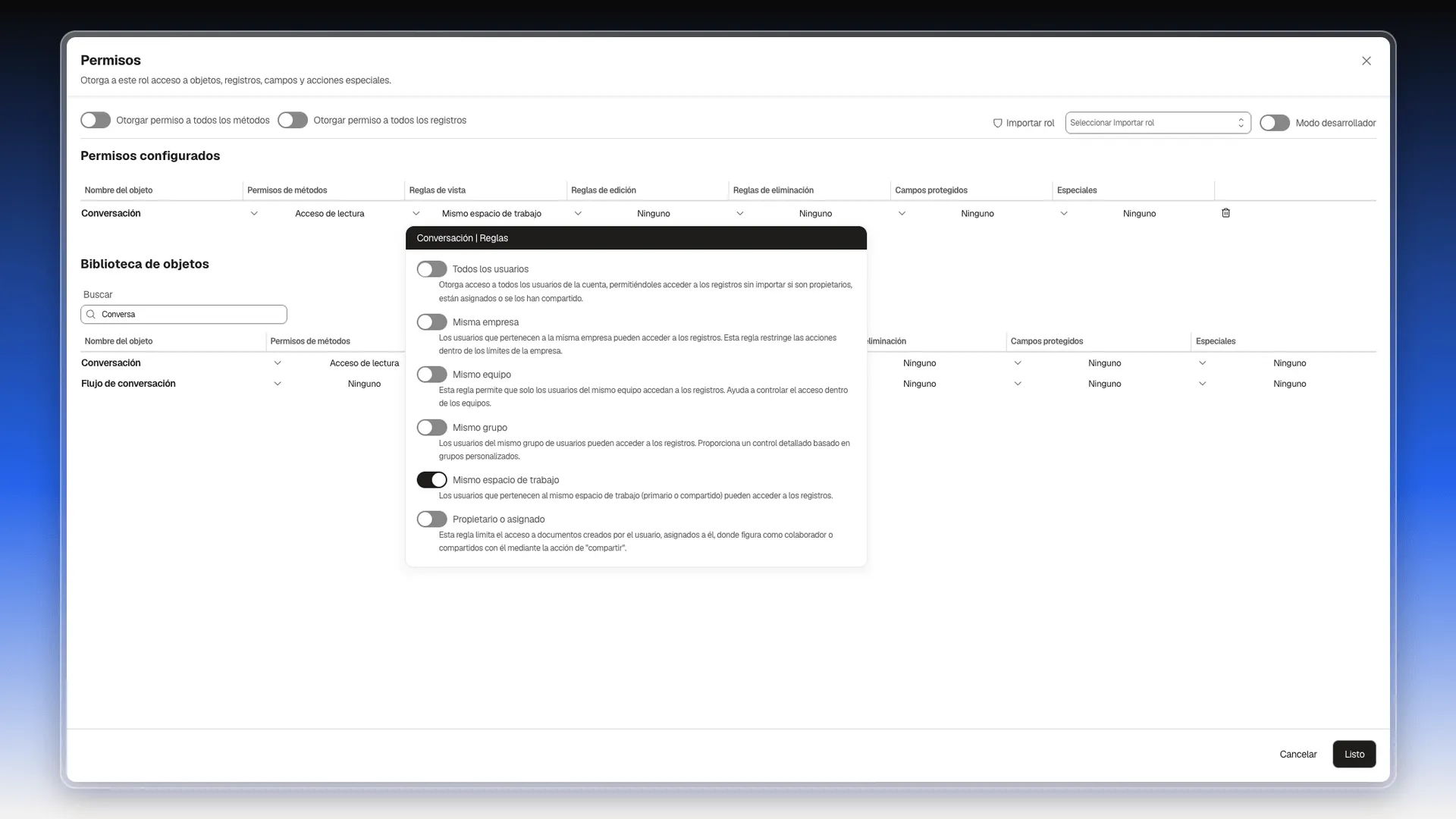 Ventana Conversación | Reglas con la regla Mismo espacio de trabajo activada y el resumen Mismo espacio de trabajo en la columna Reglas de vista