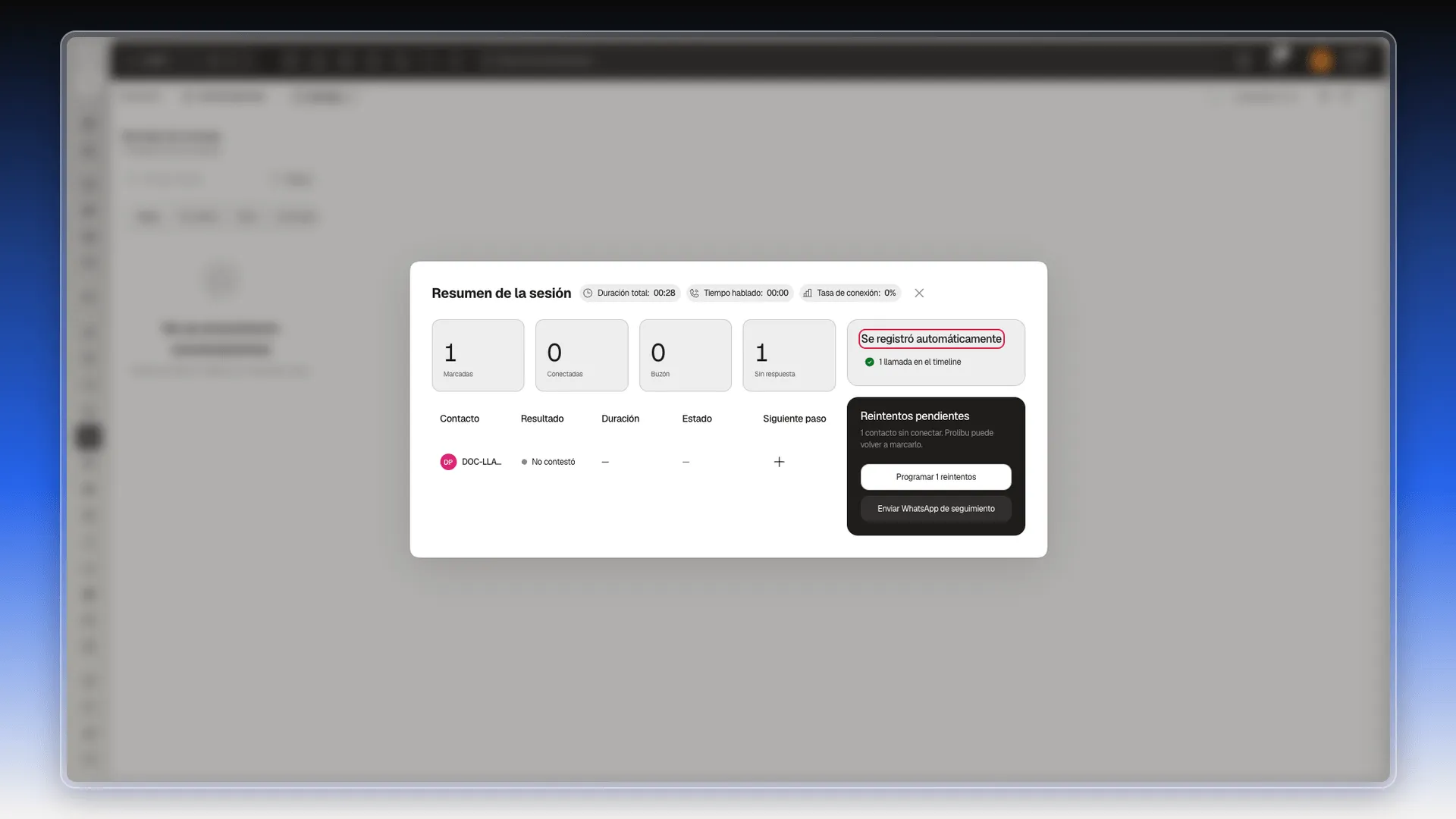 Resumen de la sesión con el recuadro Se registró automáticamente marcado
