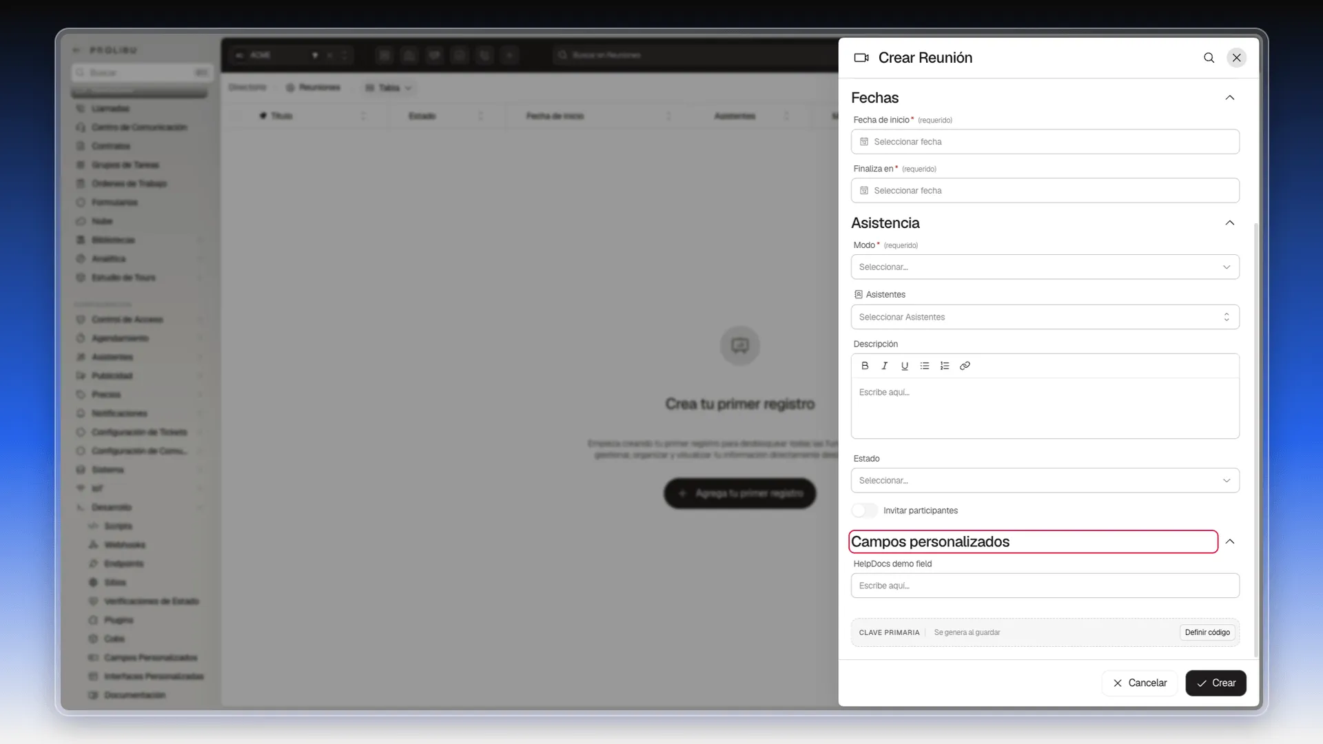 Formulario Crear Reunión con la sección Campos personalizados resaltada y el campo HelpDocs demo field debajo