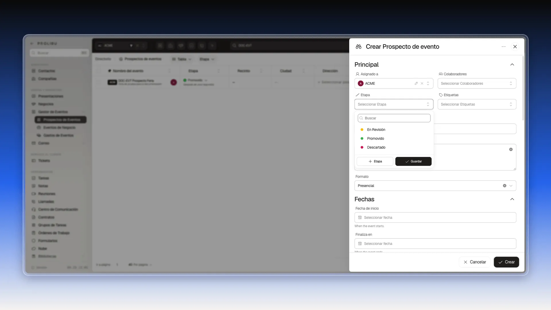 Selector Etapa abierto con las opciones En Revisión, Promovido y Descartado