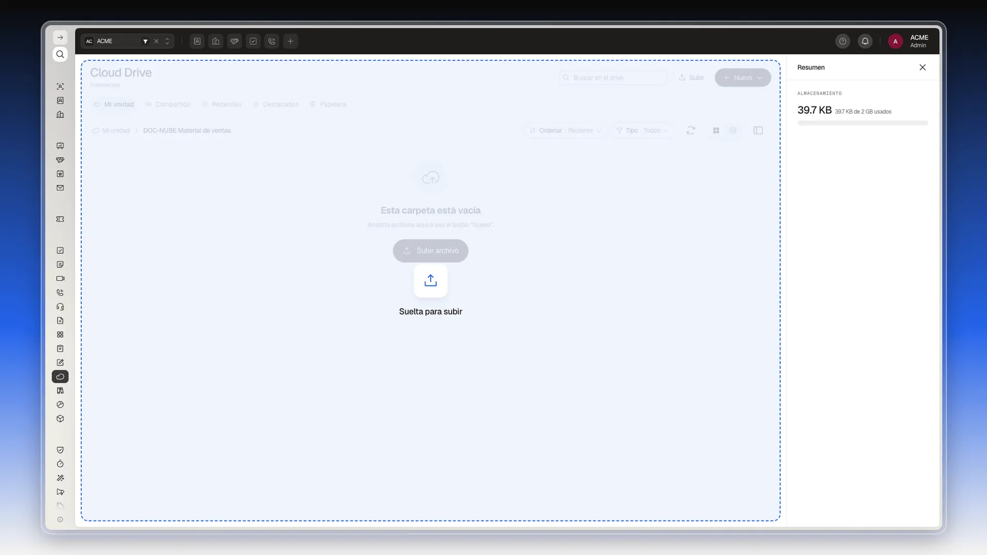 Pantalla de Cloud Drive cubierta por un recuadro punteado azul con el aviso Suelta para subir