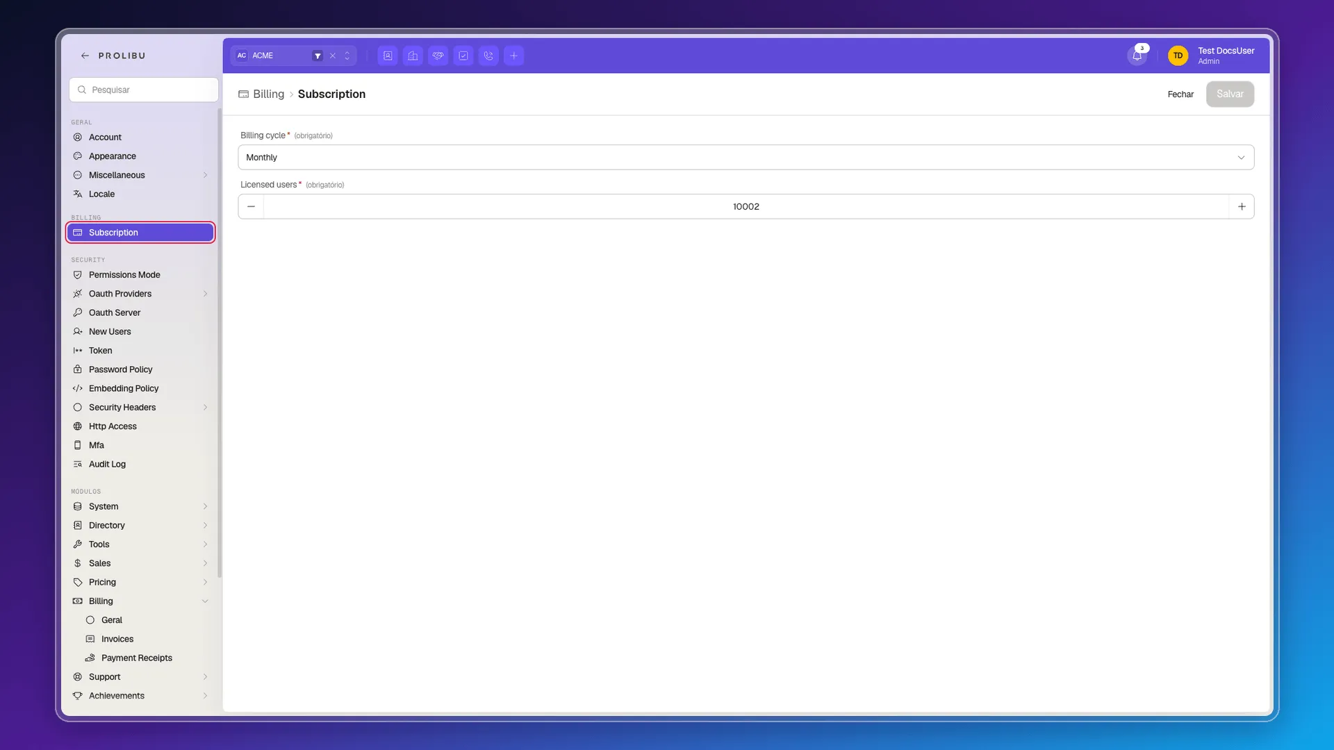 Formulário Subscription com Billing cycle e Licensed users
