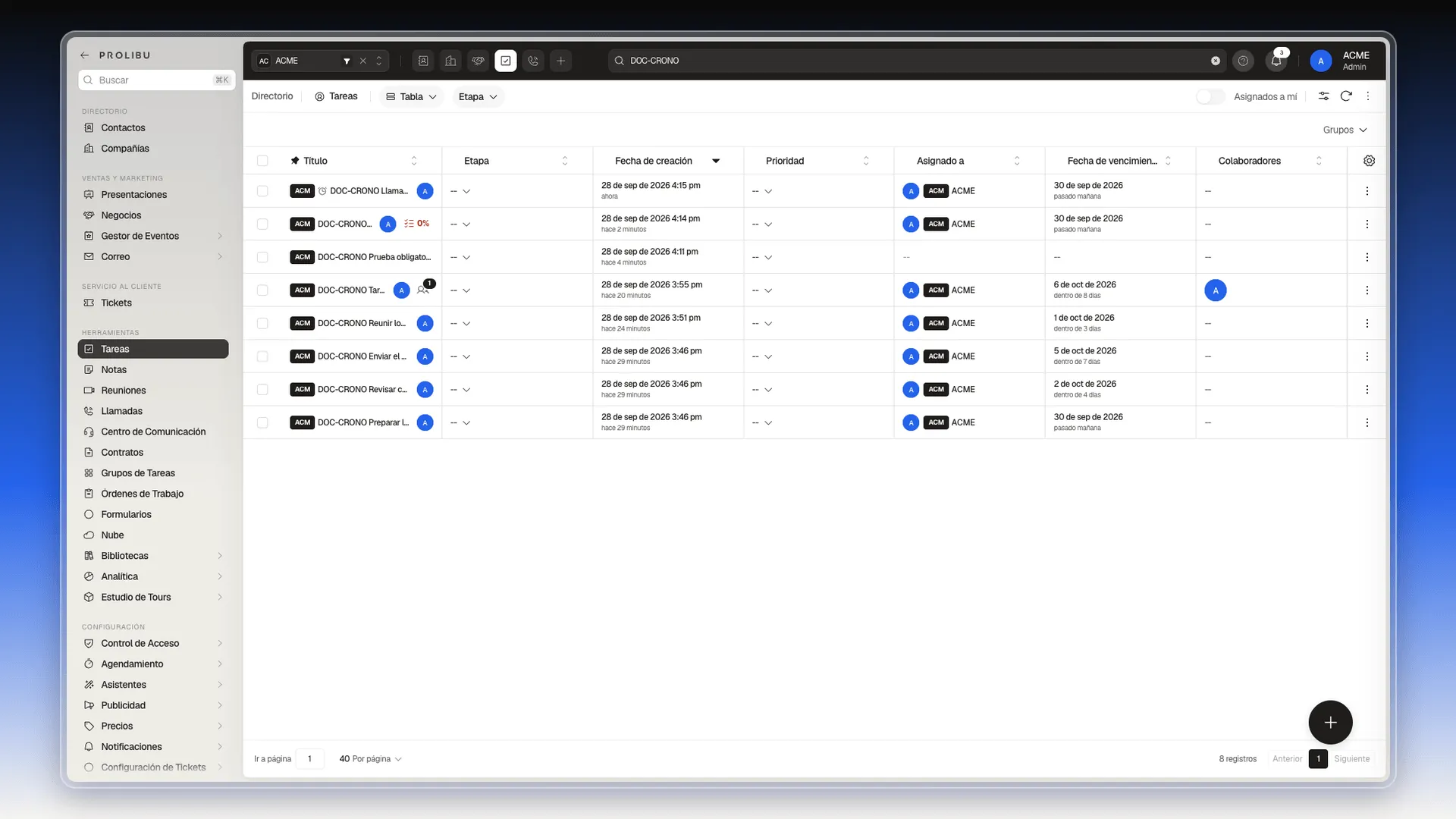 Tabla de Tareas con la tarea recién creada en la primera fila y el icono de recordatorio junto al título