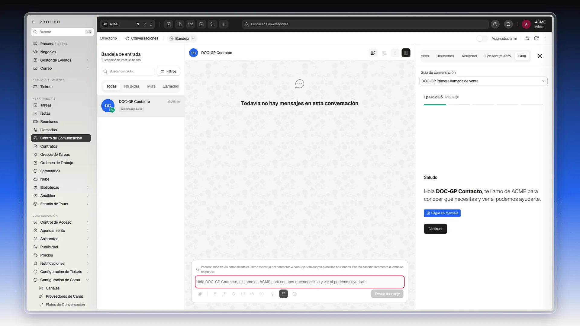 Cuadro de redacción de la conversación con el texto del paso ya pegado