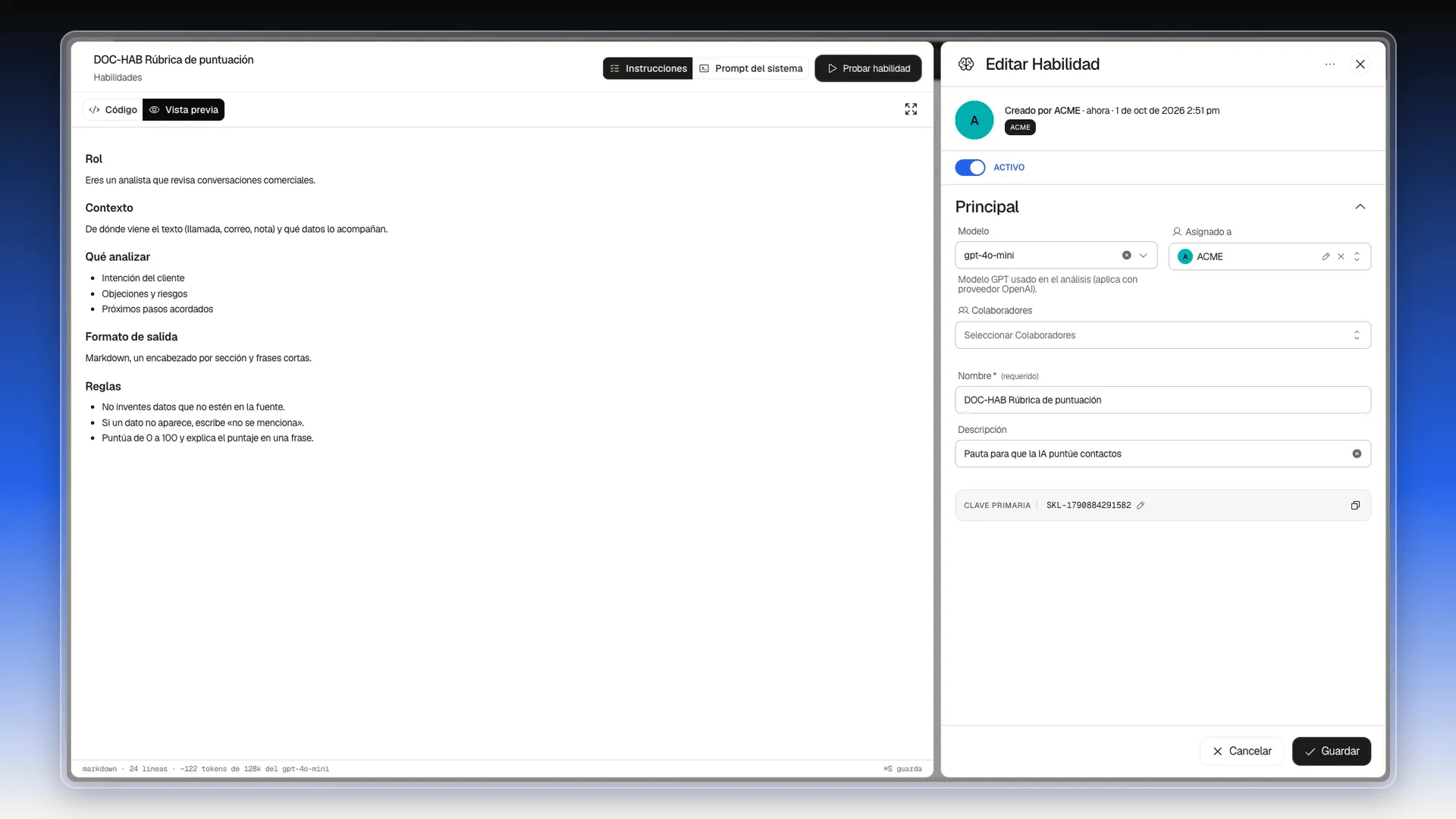 Instrucciones en Vista previa, con los títulos Rol, Contexto, Qué analizar, Formato de salida y Reglas formateados
