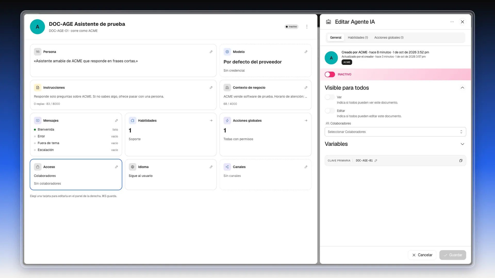 Sección Visible para todos con los interruptores Ver y Editar, y el campo Colaboradores