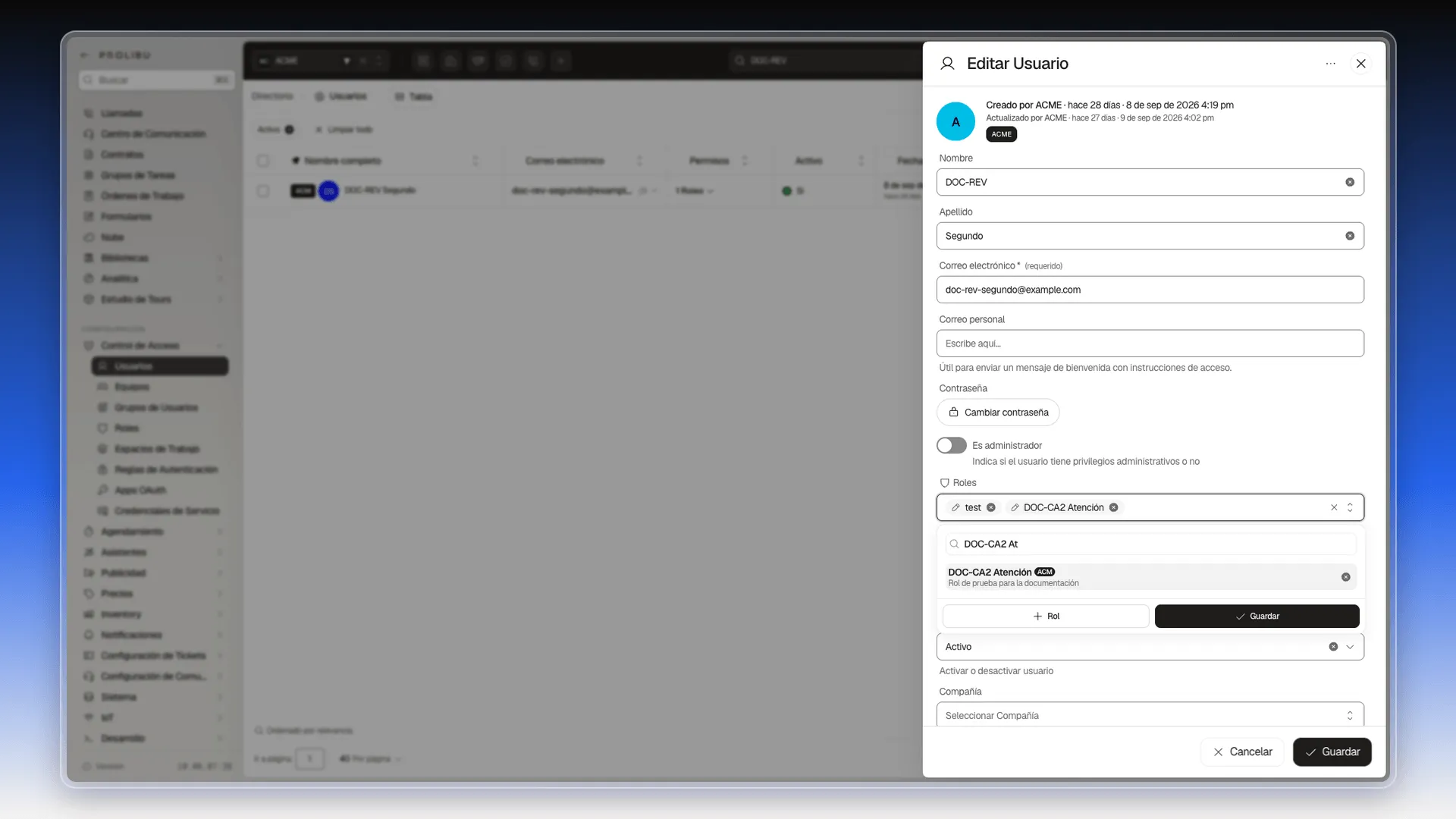 Panel Editar Usuario con el desplegable Roles abierto, filtrado por DOC-CA2 At, y el rol DOC-CA2 Atención añadido junto al rol test