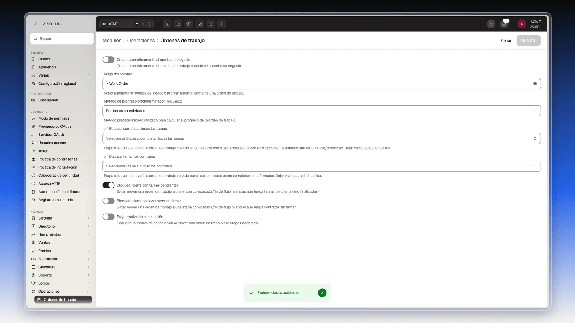 Pantalla de Órdenes de trabajo en Preferencias con el interruptor Bloquear cierre con tareas pendientes encendido