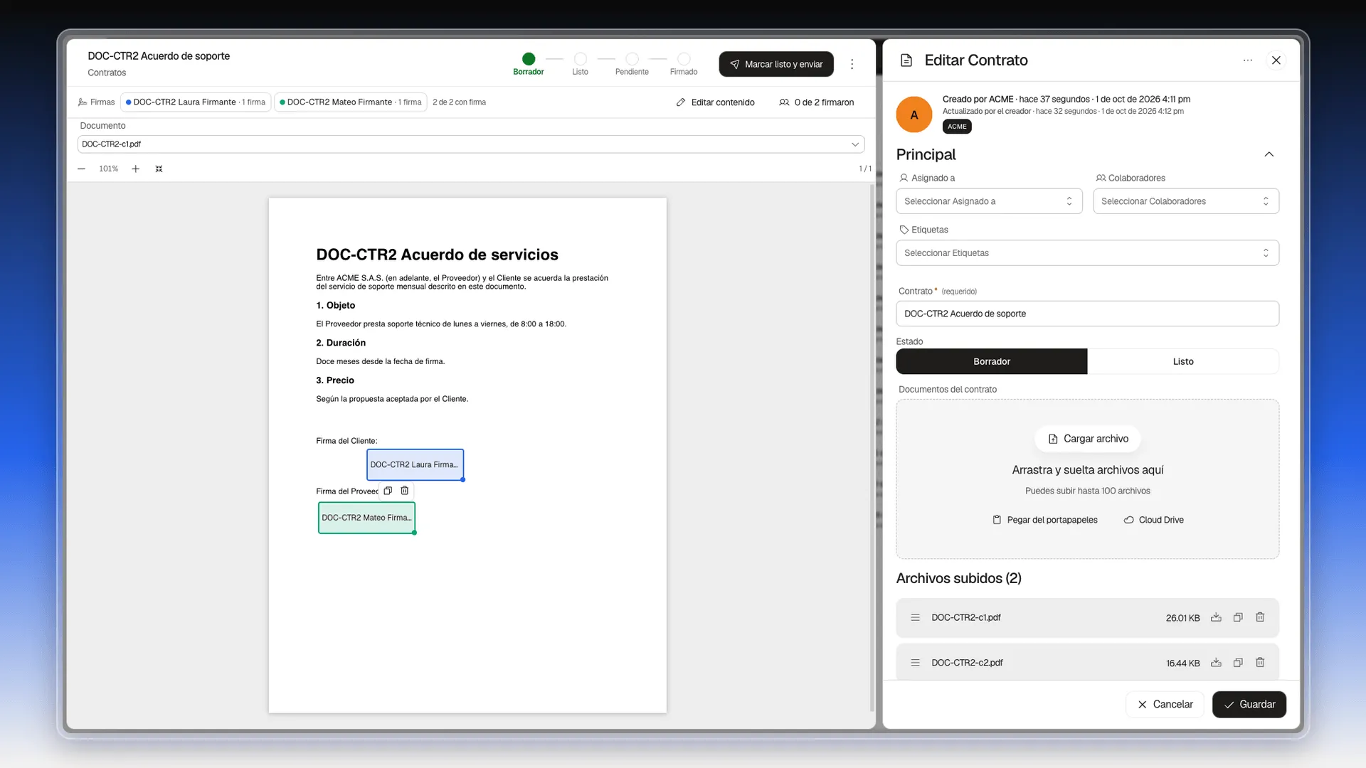 Caja de firma del segundo firmante seleccionada, con los botones para duplicarla y borrarla encima