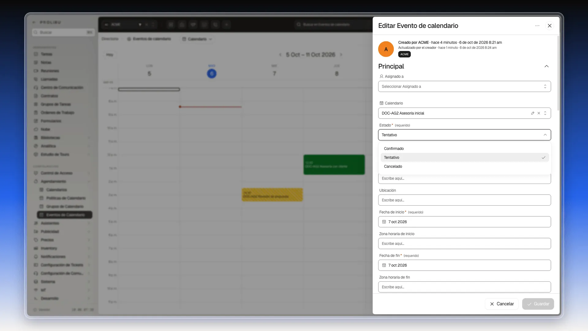 Panel Editar Evento de calendario con el desplegable Estado abierto y las opciones Confirmado, Tentativo y Cancelado
