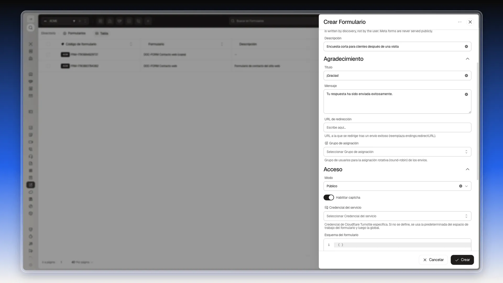 Modo Público elegido con el interruptor Habilitar captcha y el campo Credencial del servicio