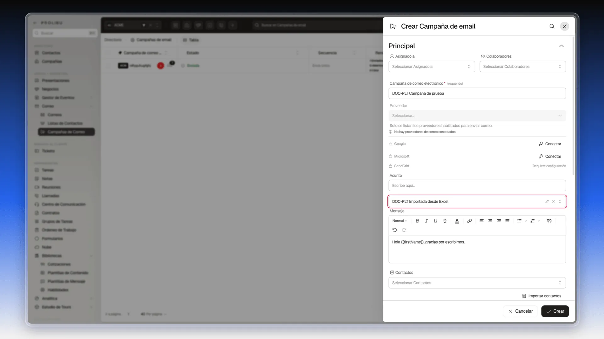 Formulario Crear Campaña de email con una plantilla cargada en el selector y su texto en el campo Mensaje