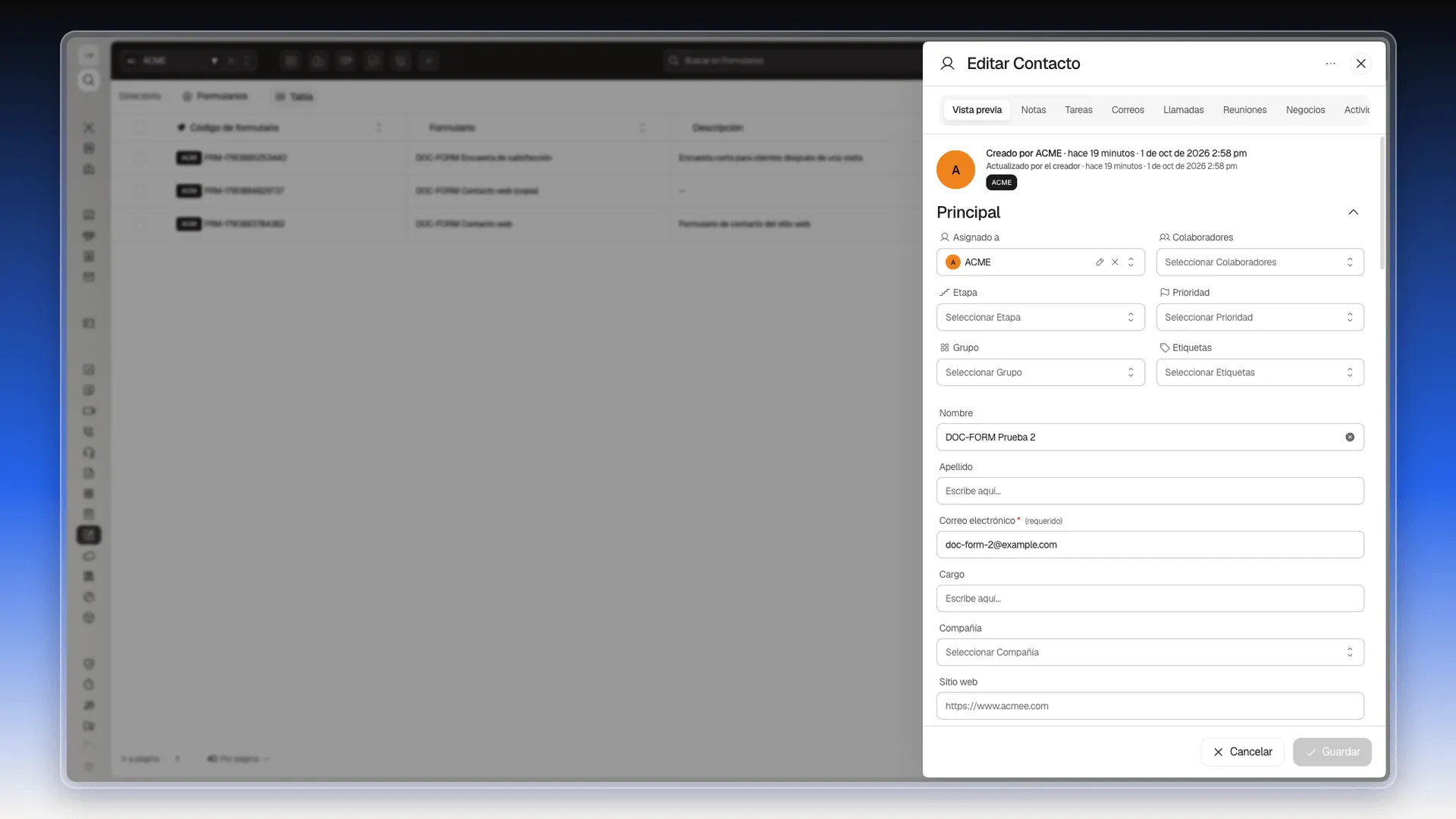 Ficha Editar Contacto con el nombre DOC-FORM Prueba 2 y el correo del formulario