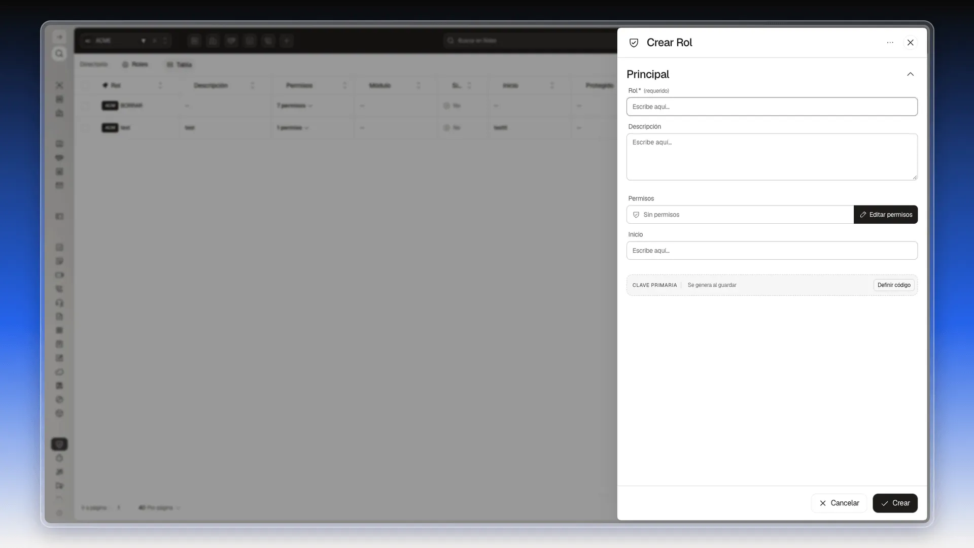 Panel Crear Rol con los campos Rol, Descripción, Permisos y el botón Editar permisos